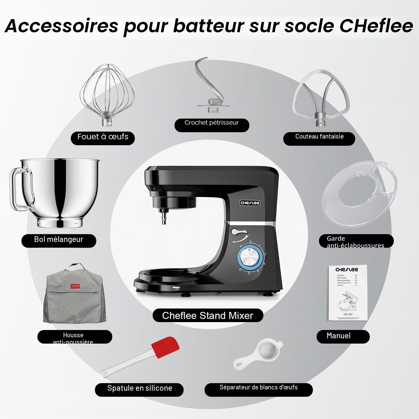 CHeflee Robot Pâtissier 2000W Robot de Cuisine 8 L Bol d'Acier Inoxydable,6 Vitesses avec Fonction Pulse avec Fouet Crochet Pétrisseur et Batteur,Housse anti-Poussière