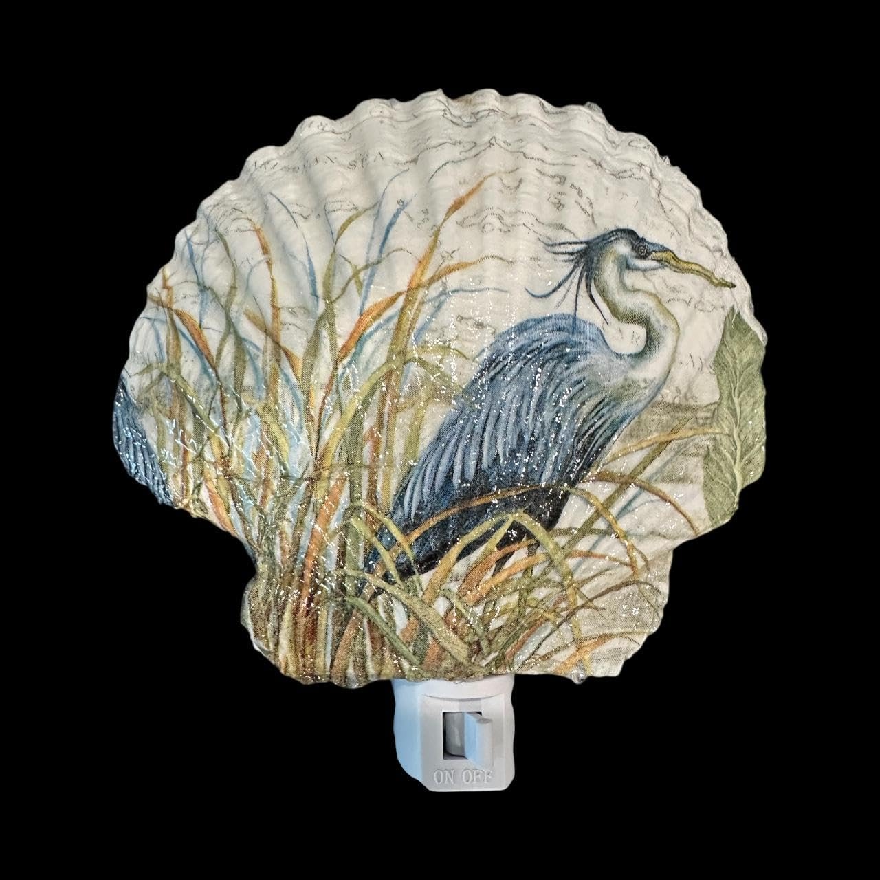 Handmade Blue Heron Scallop Shell Nightlight - 5-inch Coastal Beach Decor - Plug-in Wall Light with Manual On/Off Switch