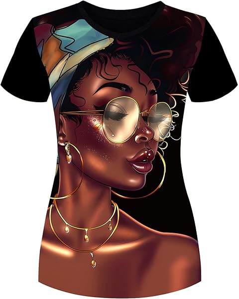 AZPSRT Women's T-Shirts Black Woman Afro Natural Hair 3D Floral Print Casual Tops for Women Tees