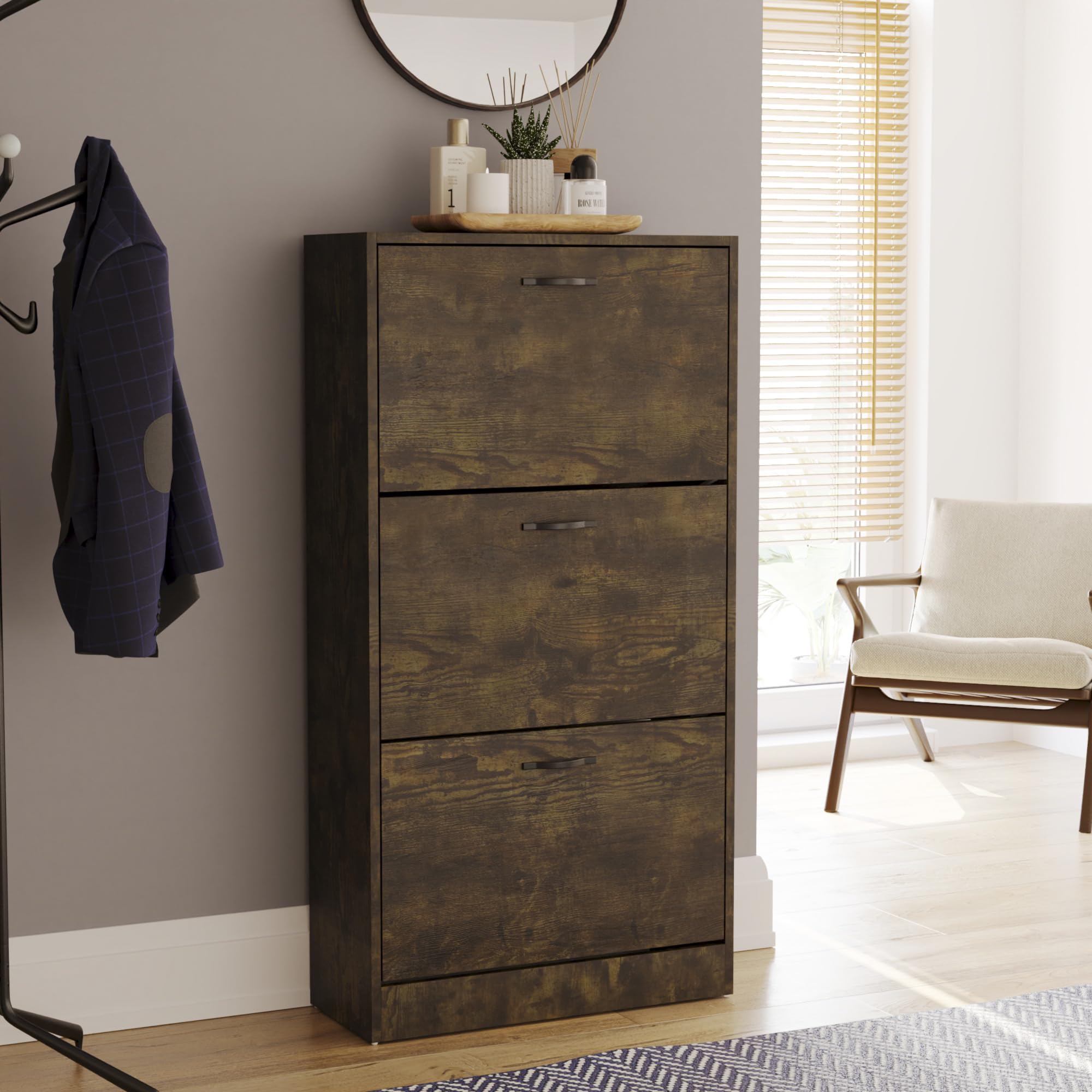 Vida Designs Shoe Cabinet, Wooden Shoe Storage Unit with 3 Pull-Down Drawers, Multifunctional Dust-Proof Space-Saving Slim Cupboard for Hallway or Entryway (Dark Wood) โ image 1