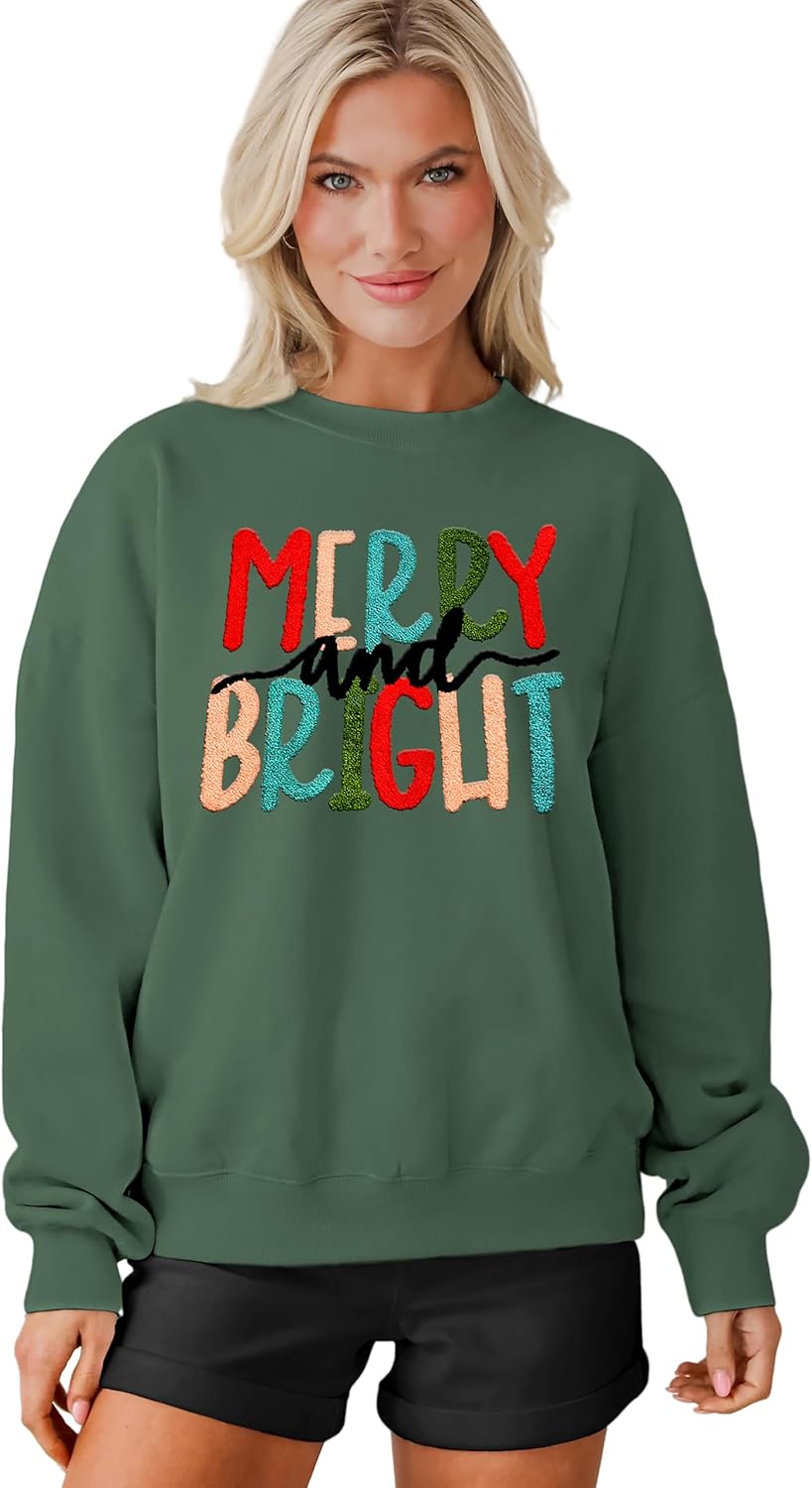 MAPICK Christmas Sweatshirt for Women Merry and Bright Embroidery Sweaters Crewneck Fleece Linend Warm Winter Clothes