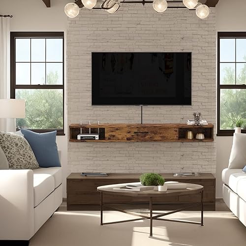 Miniatura 6 de Unidad de TV flotante, armario de TV montado en la pared de 55 pulgadas, estantes flotantes con puerta, centro de consola multimedia de
