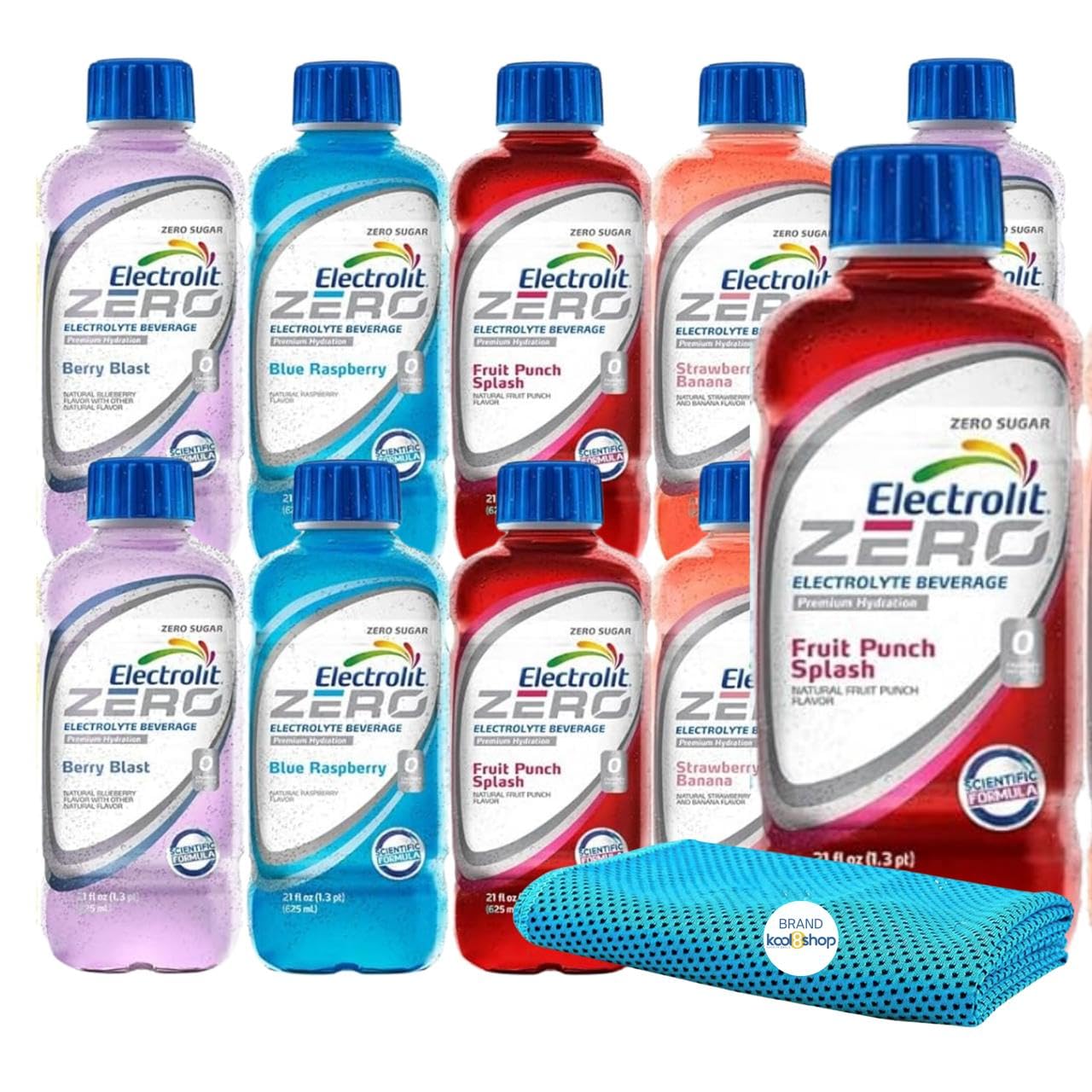 Electrolit Zero Variety Pack Hydration Drink with Electrolytes 21 fl oz Plastic Bottle 10 Pack + 1 Microfiber Cooling Towel by KOOL8SHOP Infinite