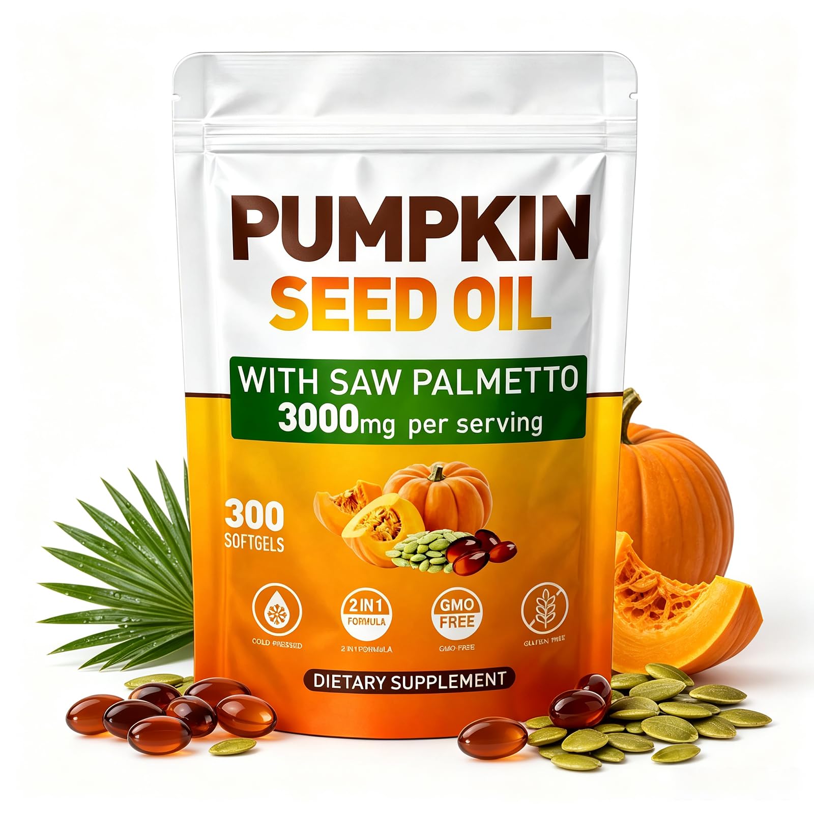 Pumpkin Seed Oil Capsules - Saw Palmetto Pumpkin Seed Oil 300 Softgels 3000mg for Prostate Health, Immune and Urinary Tract Support Promotes Hair Growth - Pure Non GMO