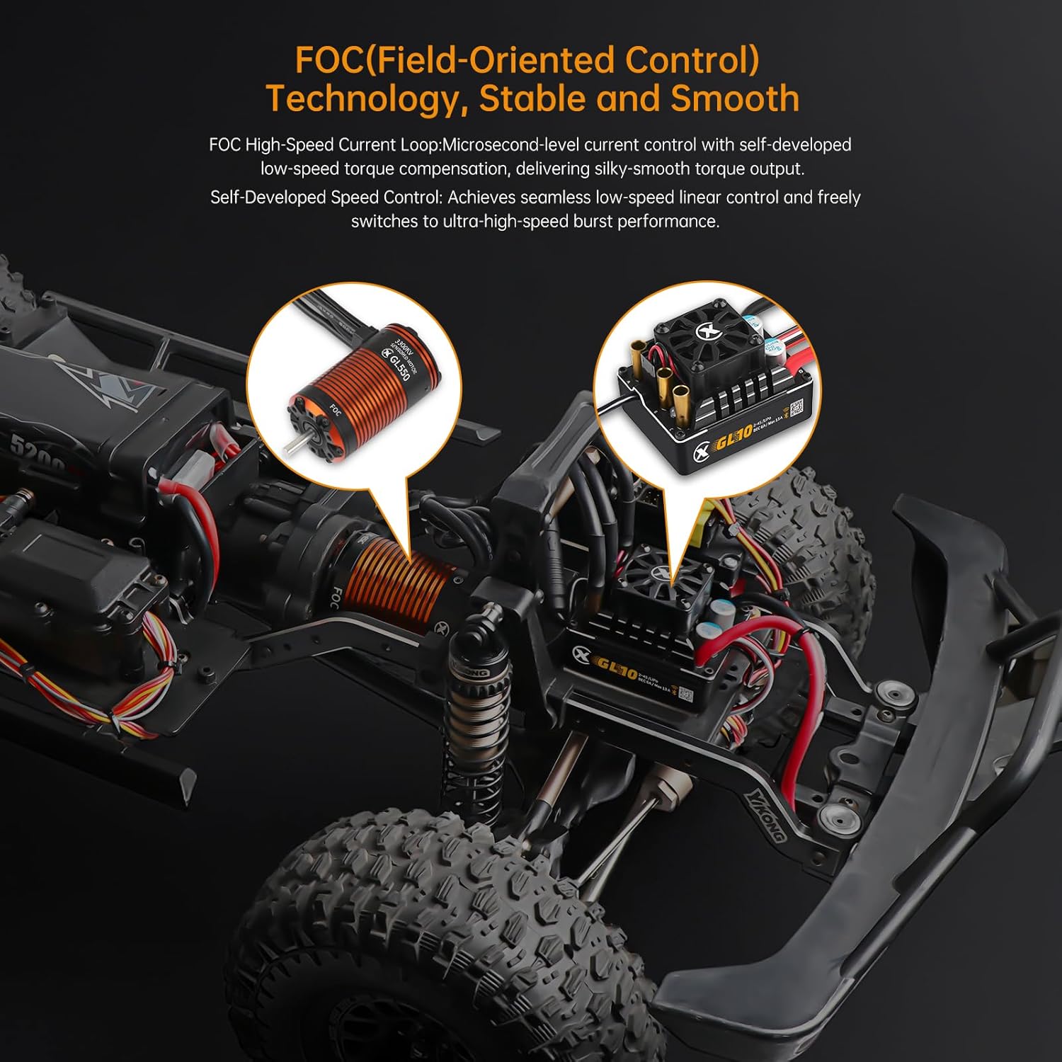 XC GL550&GL10 APP Controls Sensored Brushless Motor and FOC ESC Combo,80A Current,2-3S Lipo,6.0/7.4V BEC,IP67 Water Proof,3300KV FOC Motor,Applicable to:1/10 1/8 Crawler Off Road - Image 4