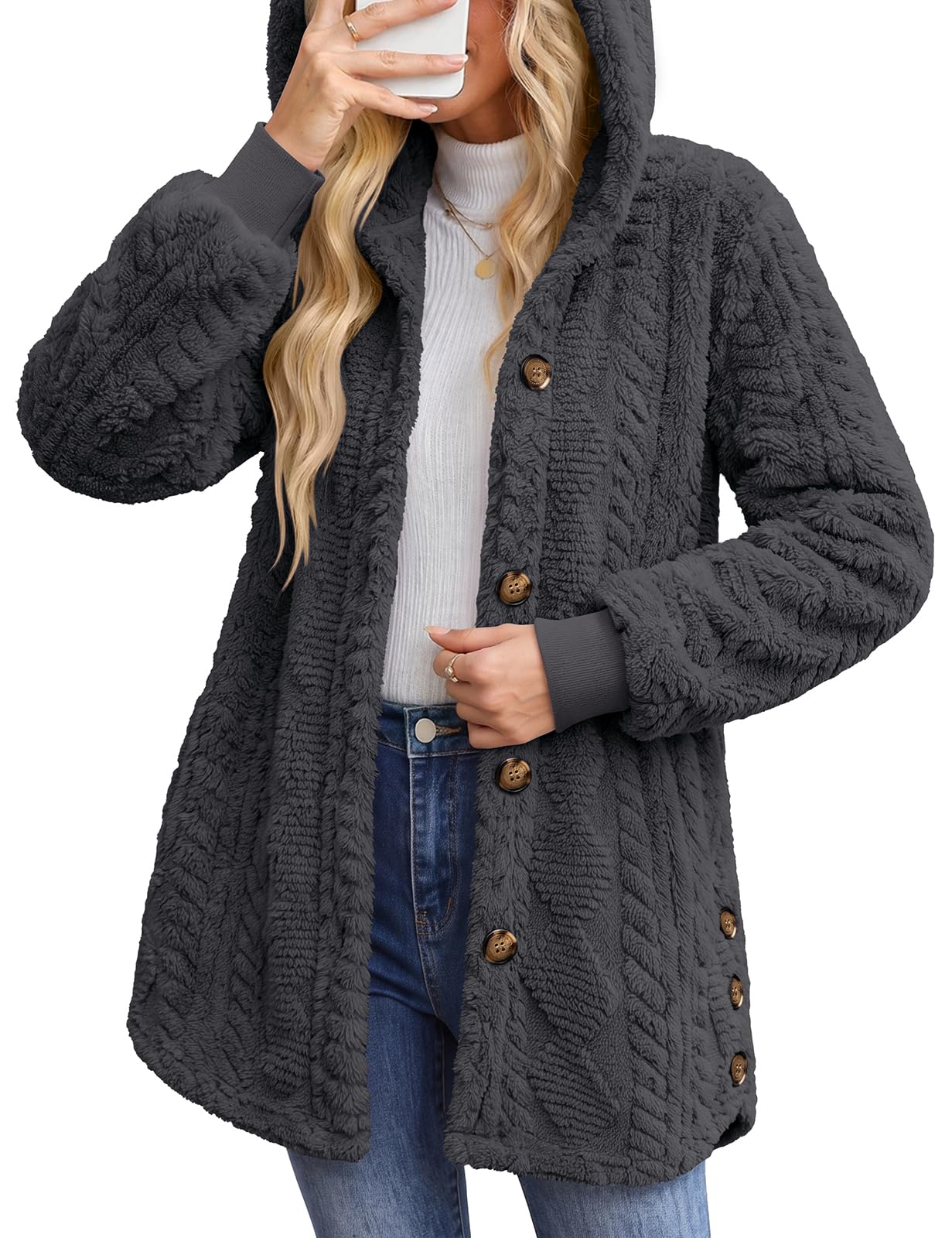 heekpek Fleecejacke Damen lang mit Kapuze Teddyjacke mit Knopfverschluss