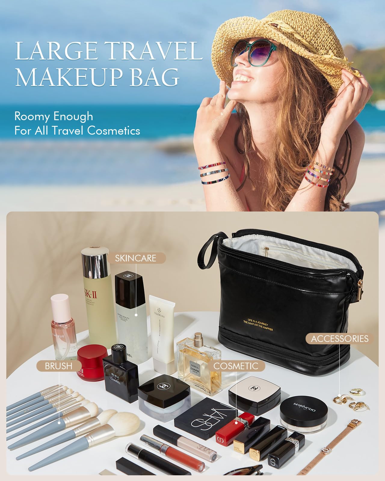 TFKGS Large Makeup Bag Cosmetic Bag, Waterproof Travel Toiletry Bag for Women, PU Leather Make up Organizer with Bottom Pouch, Travel Size Toiletries Bag Black