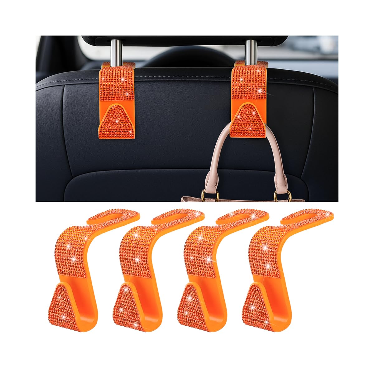 Zpana 4PCS Bling Car Seat Headrest Hooks, Vehicle Back Seat Purse Handbag Hanging Holder with Crystal Rhinestone, Diamond Storage Organizer Hook,