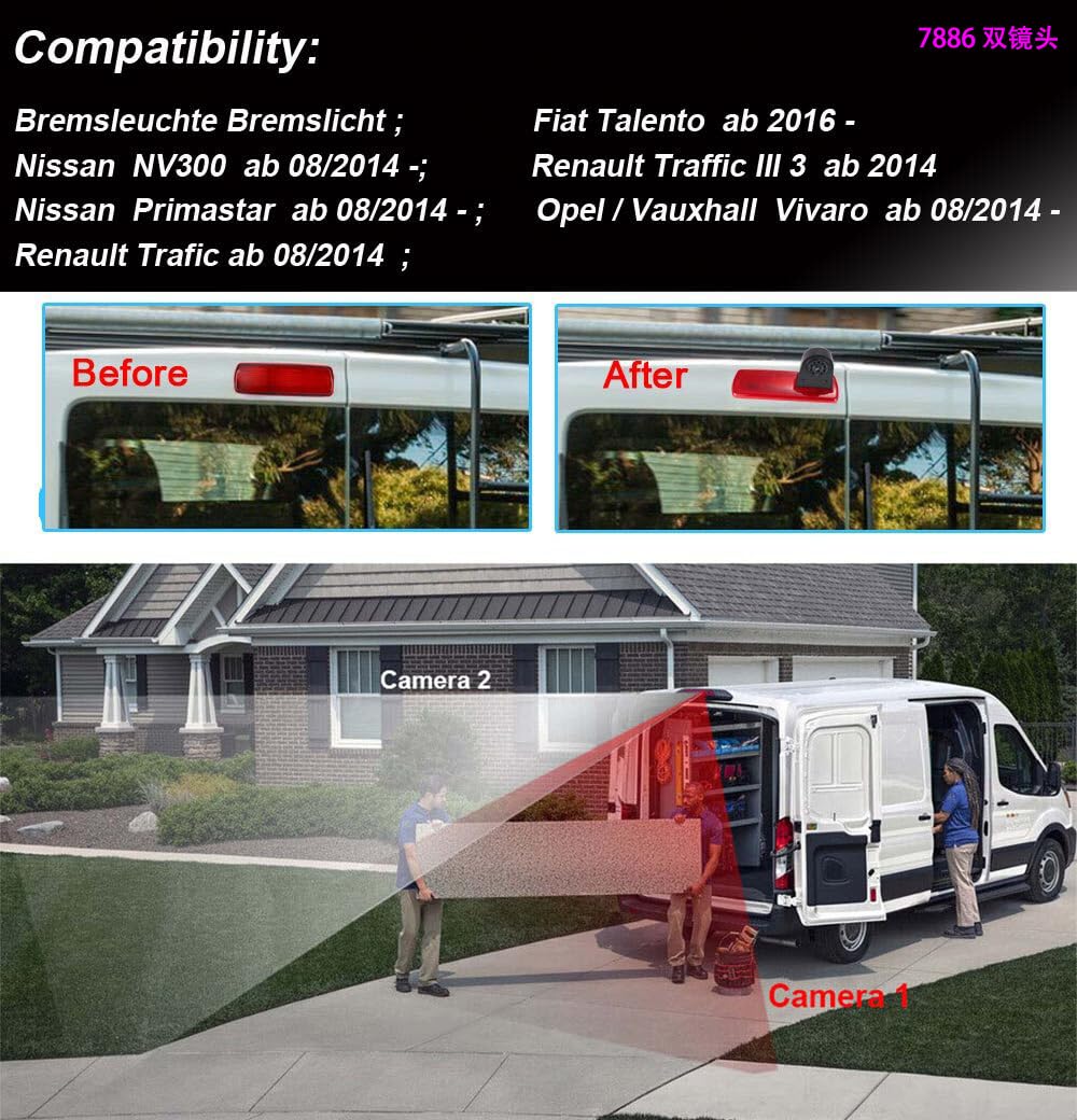 HD IP68 1280Pixels - Luz de freno doble para cámara de marcha atrás, con ángulo ajustable, repuesto para Fiat Talento/Opel Vauxhall Vivaro/Renault Trafic/Nissan NV300 (cámara de visión trasera +
