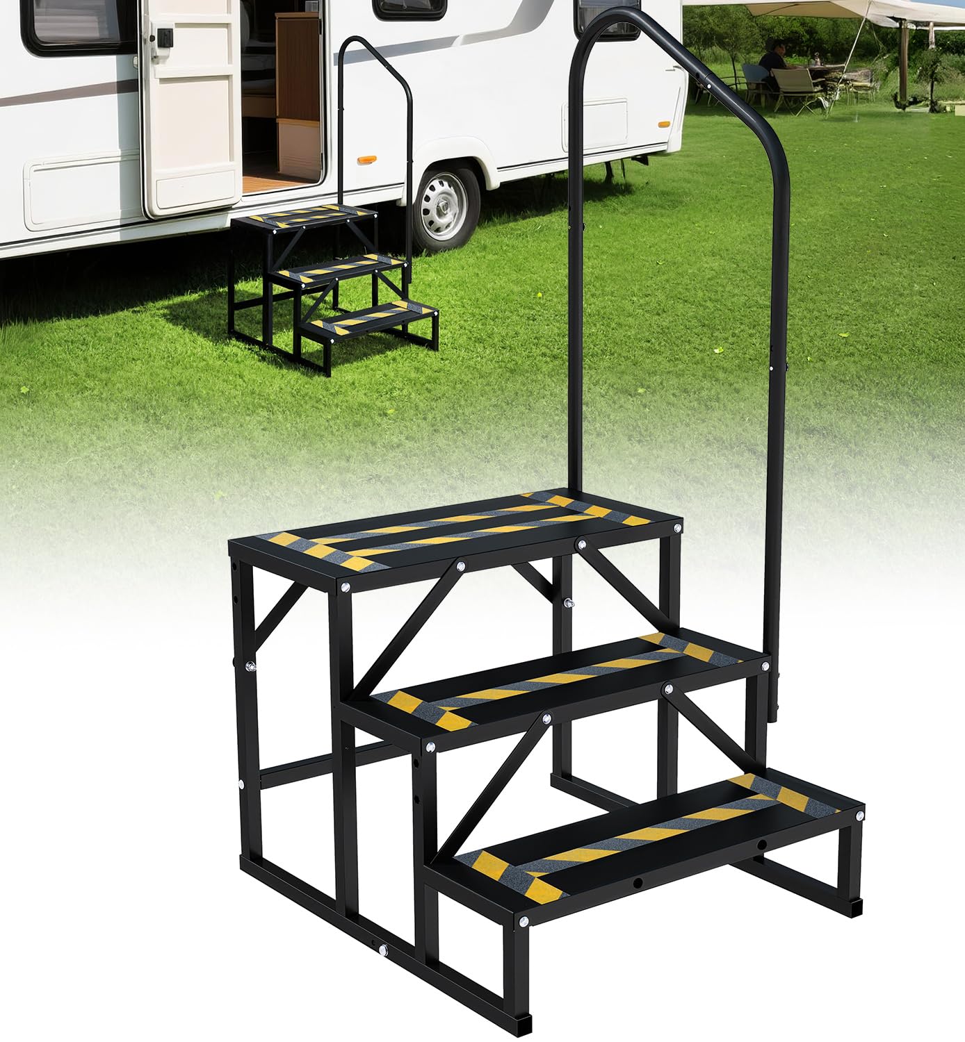 RV Mobile Home Steps with Handrail, 3-Step Camper Entry Stairs