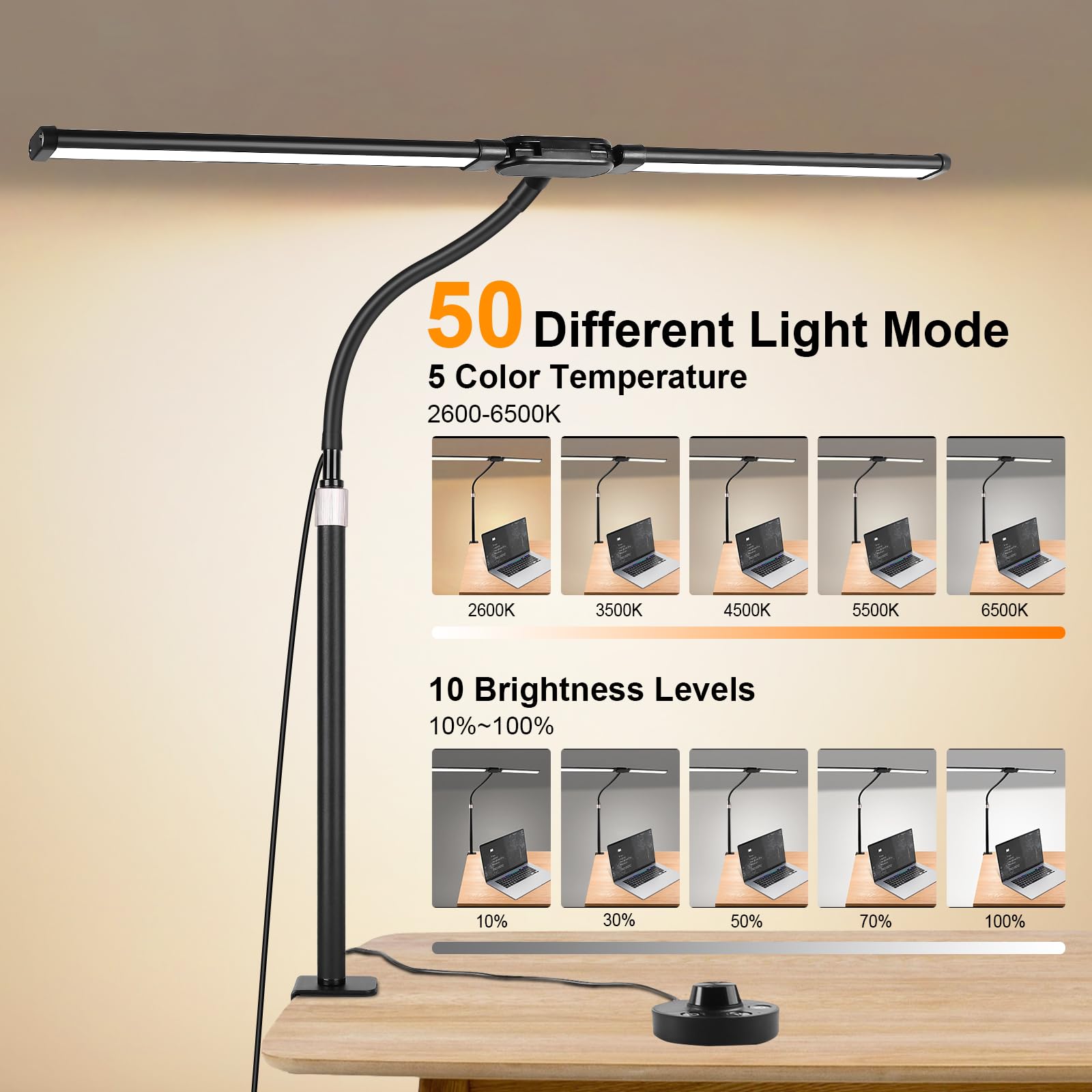 Woputne Desk Lamp with Clamp, Super Wide & Bright, 5 Color Modes x 10 Brightness Levels, 24W Eye-Caring - Image 2