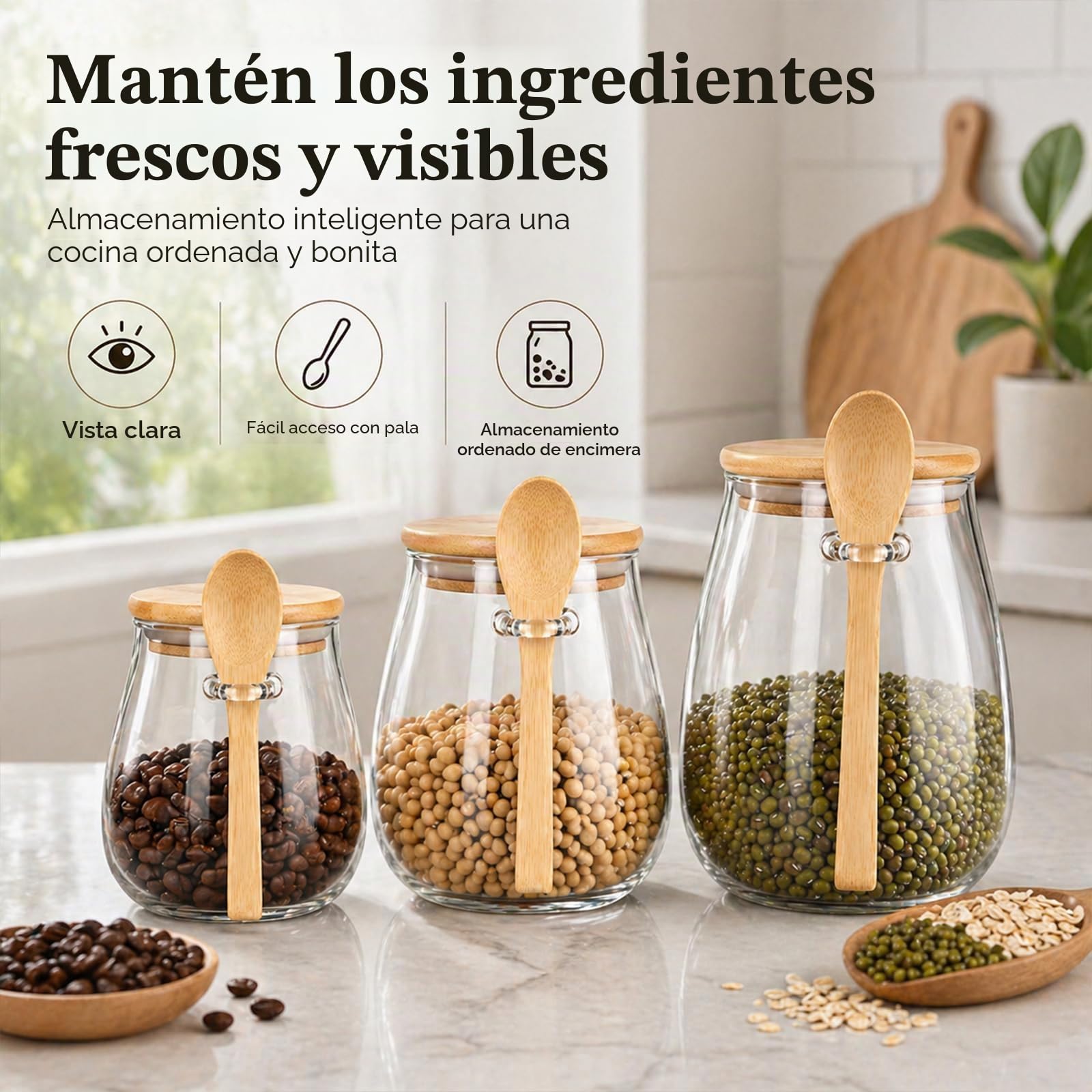 Tarros de Cristal con Tapa de Bambú y Cuchara, Set de 3 Botes Herméticos 350ml 600ml 1000ml, Recipientes de Almacenamiento para Cocina Café Té Azúcar Especias