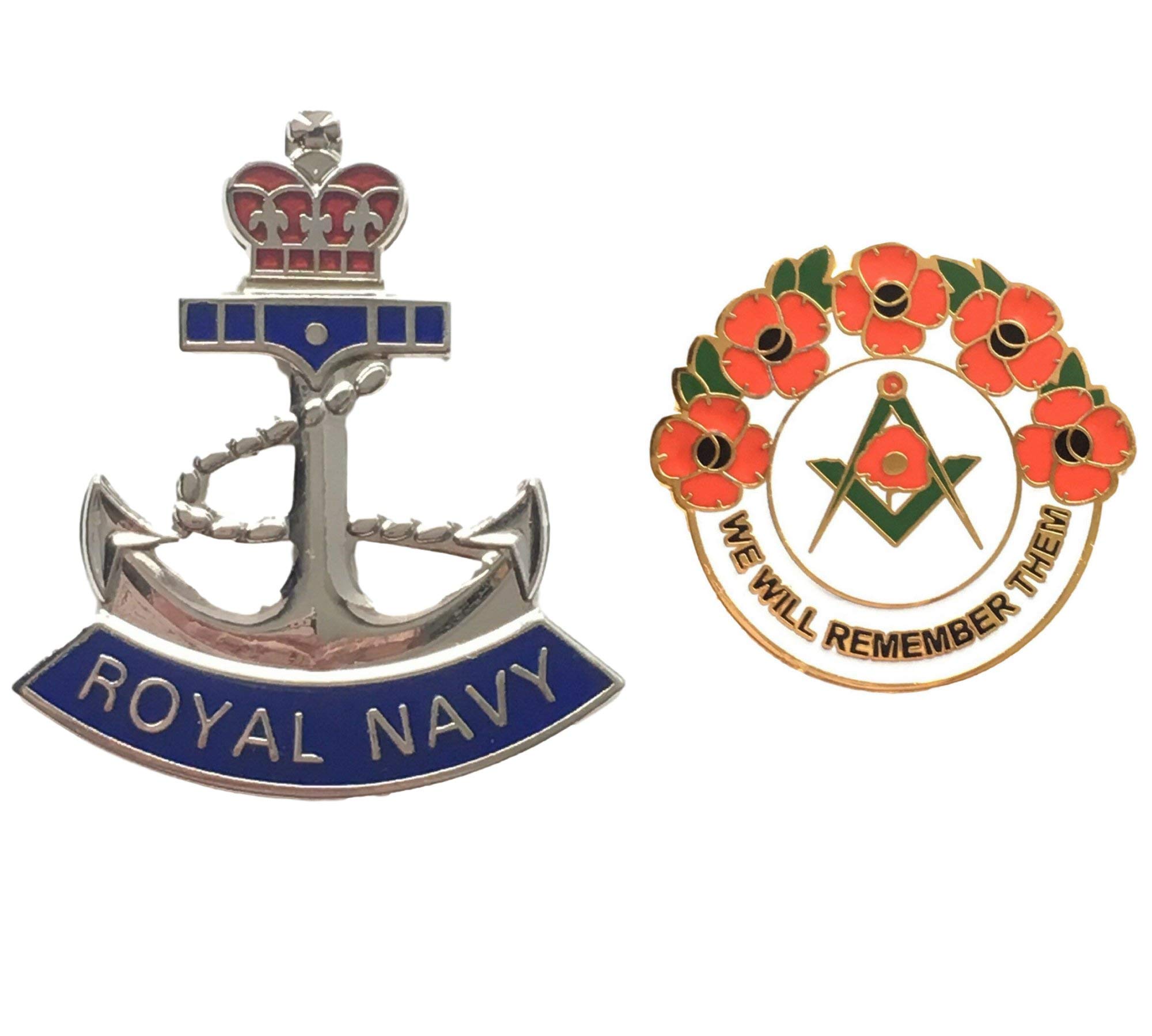 Smartbadge® Royal Navy Crown and Anchor Badge And Masonic We Will Remember Hard Enamel Lapel Pin Badges