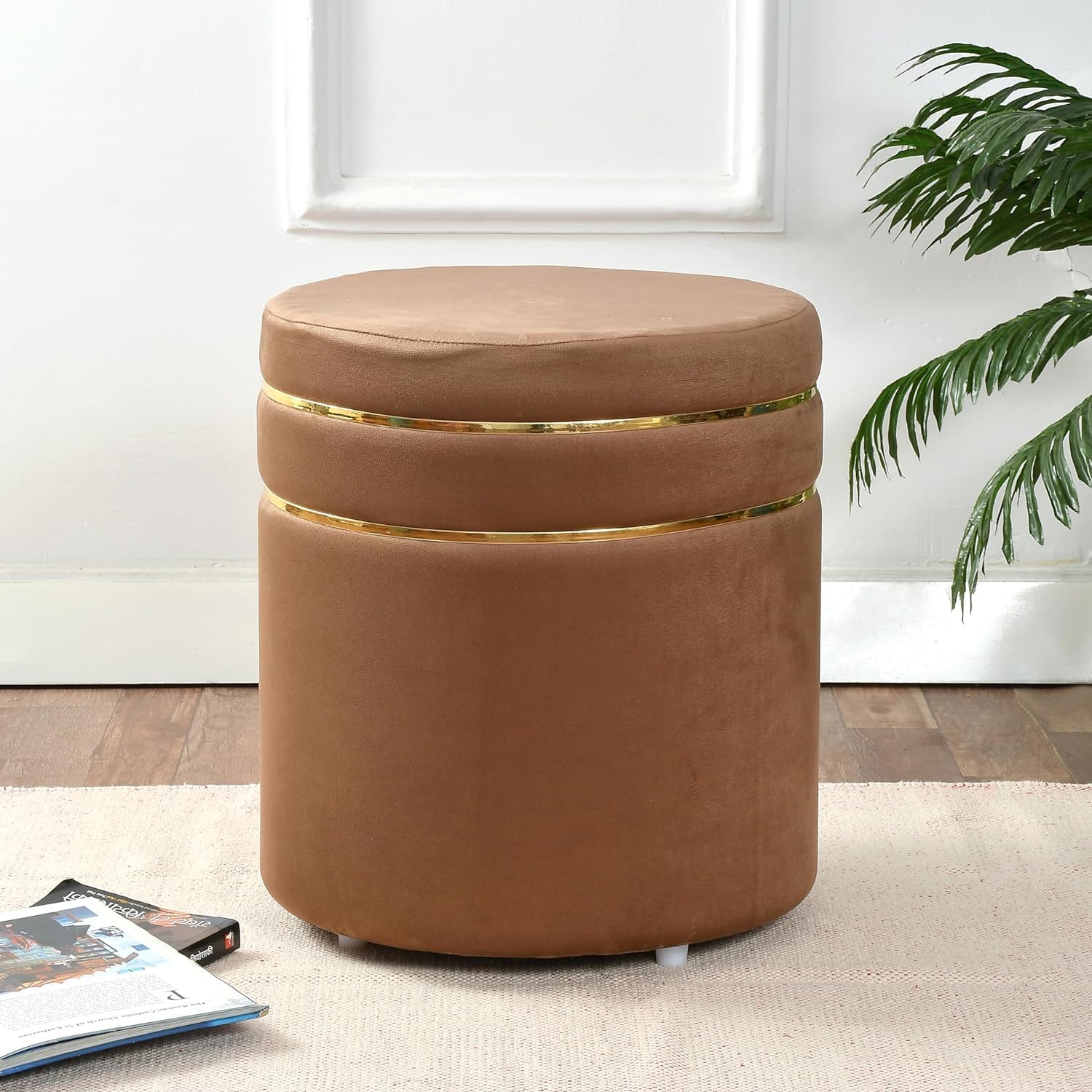 WOOD LION Modren Velvet Ottoman with Gold Strip, Decorative Ottoman Stool for Home Decor, Living Room, Bedroom, Office etc. (Brown)-image-14