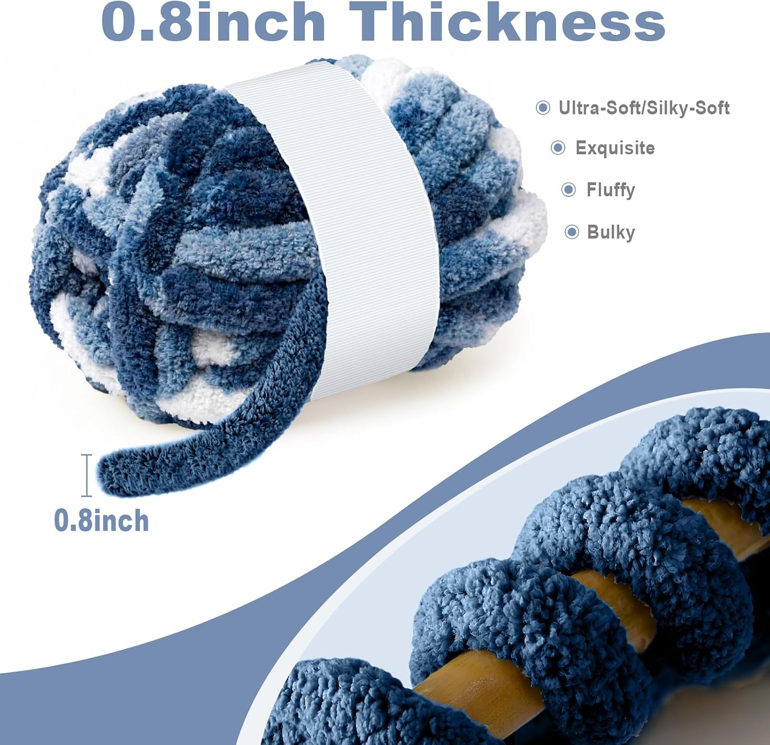Chunky Yarn for Hand Knitting - #8 Chunky Chenille Yarn, Thick Fluffy Chunky Knit Blanket Yarns, Chunky Yarns for Crocheting & DIY Crafts, 8 Skeins (Multi Blue & White)