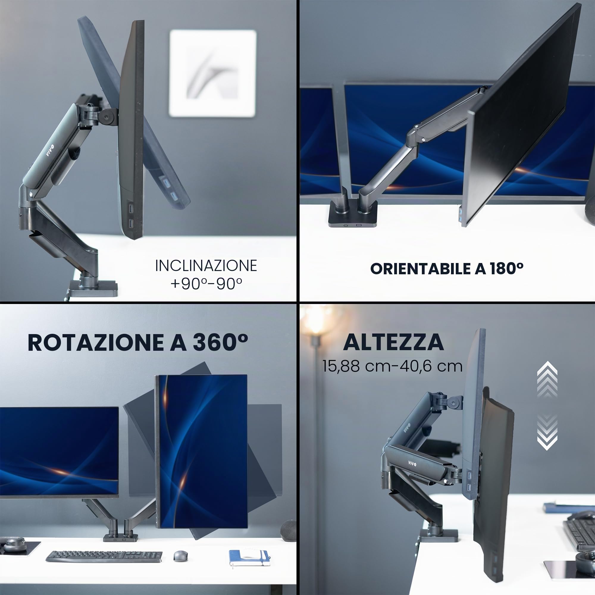 VIVO STAND-V002O - Supporto da scrivania per monitor a doppio braccio, regolabile in altezza, inclinabile, girevole, contrappeso, staffa VESA per la maggior parte degli schermi fino a 32", classico
