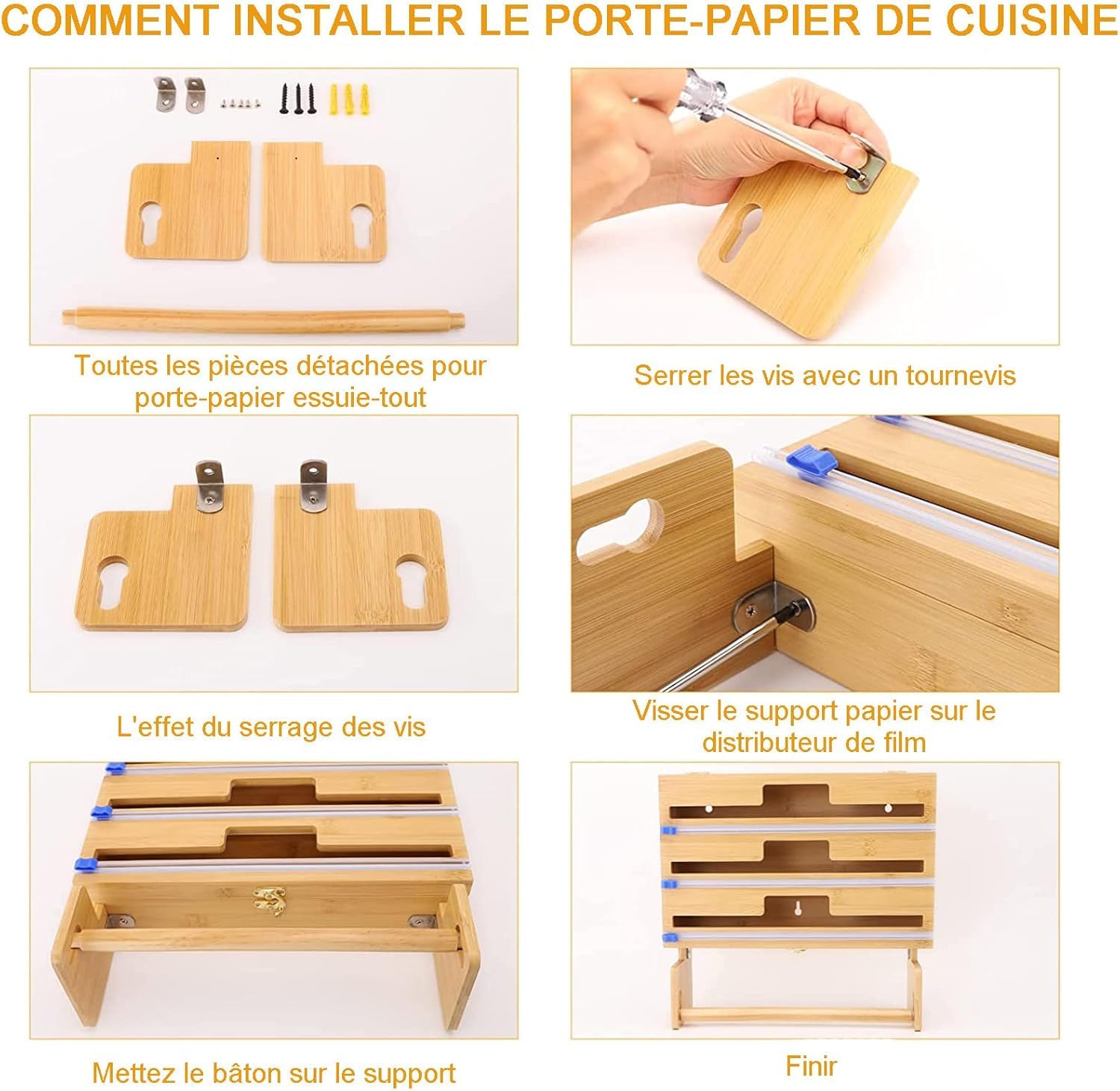 Distributeur de film plastique avec cutter, organiseur 4 en 1 pour papier d'aluminium et papier essuie-tout, solution de rangement et d'organisation de cuisine en bambou, style 2