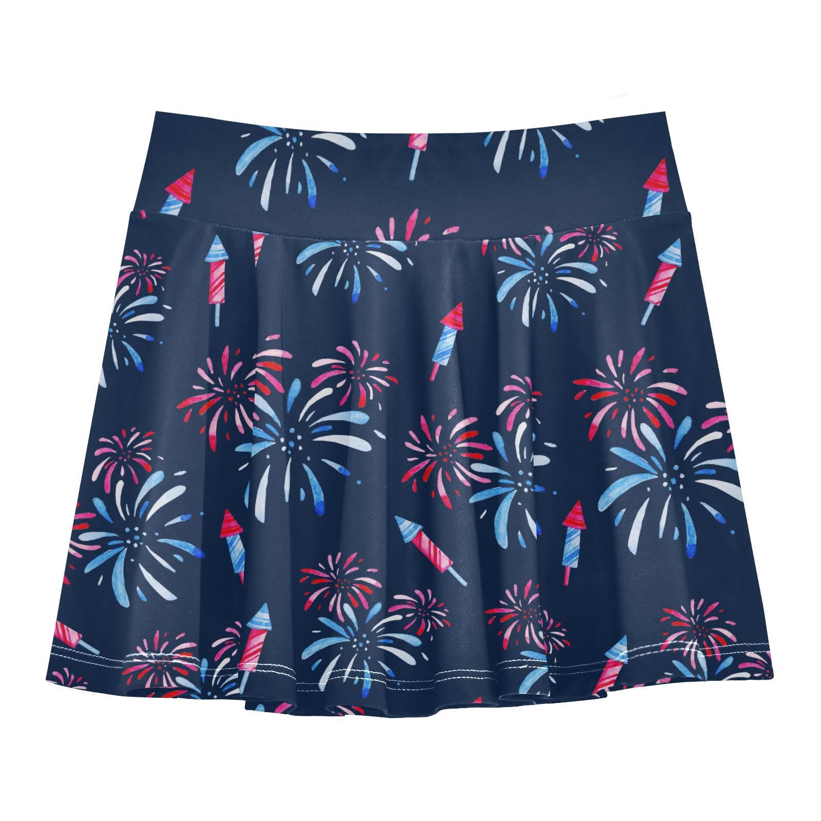 Aflyko 4th of July Girls' Skorts Fireworks Blue Red 2-in-1 Tennis Skirts with Built-in Shorts, 3-4T