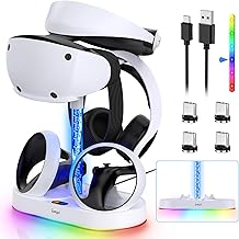 Updated Charging Stand for PS VR2 with RGB Light, MENEEA Dual Sense Charger Station&Headset Dock Accessories Compatible with Playstation 5 VR2 with 15 Modes of LED Lights, 4 Type C Magnetic Adapters