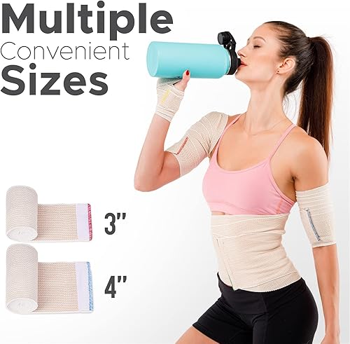 Miniatura 5 de Vendaje elástico de alta calidad (paquete de 2 de 4 pulgadas y 2 paquetes de 3 pulgadas) – Sujetadores de velcro en ambos extremos – Rollo de