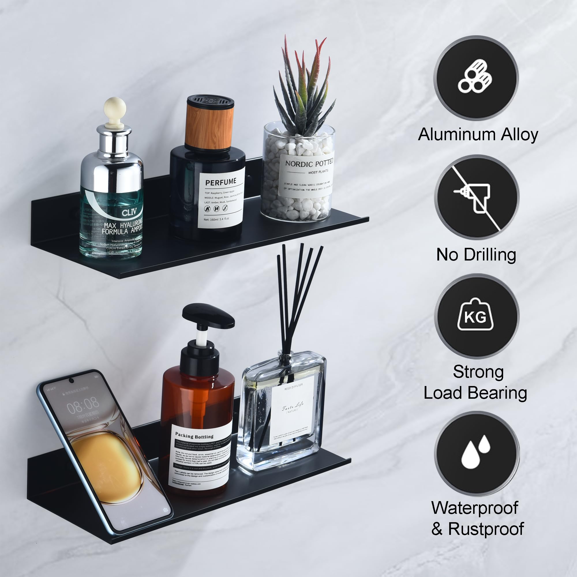 HNVNER Mensola Doccia da Muro Nero 2 Pezzi, Porta Sapone per Doccia Senza Foratura, Mensole da Muro Design Moderne 30cm, Metallo Scaffale da Parete per Bagno, Soggiorno, Cucina, Ufficio