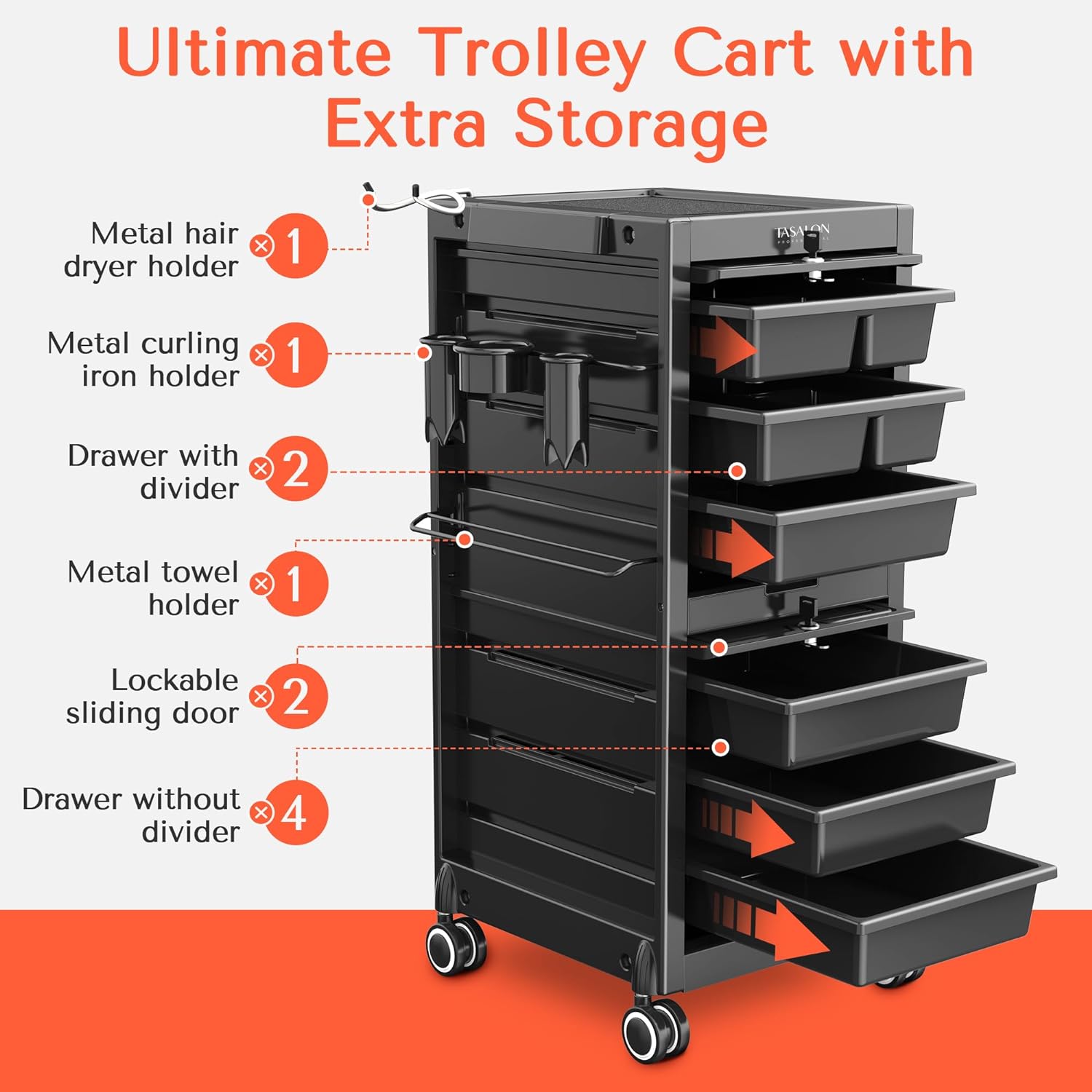 Black Lockable Salon Trolley Cart with 6 Drawers and Tool Holders