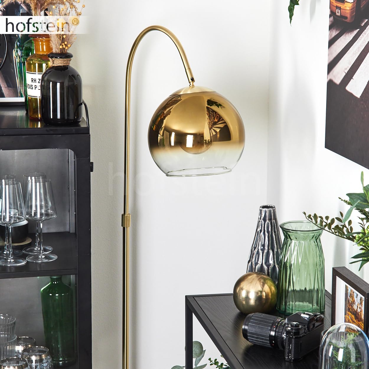 Stehleuchte Koyoto, Stehlampe aus Metall/Glas in Messing/Gold/Klar, Leuchte im Retro/Vintage/Industrial-Design mit Schirm aus Glas (Ø 25 cm) u. Fußschalter, Höhe 140 cm, 1 x E27, ohne Leuchtmittel
