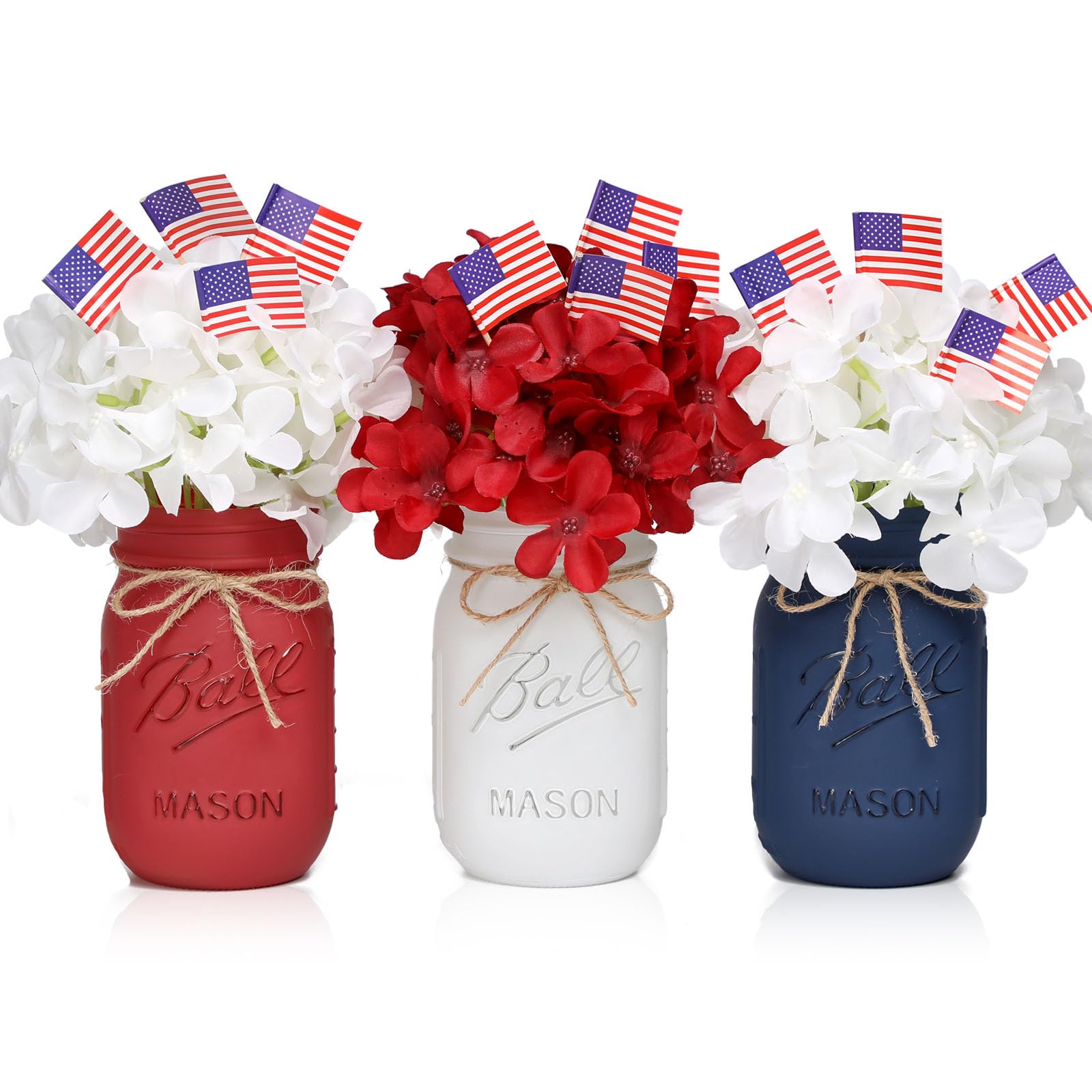 Patriotic Table Decorations, Memorial Day Decor, Patriotic Mason Jars with Mini American Flags, 4th of July Decorations, Red White and Blue Decor, Patriotic Themed Party Americana Decoration