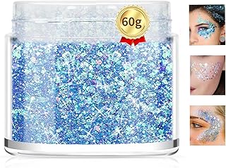 Morovan Holographic Blue Body Glitter Powder 2oz Face Glitter Hair Glitter Cosmetic Grade Chunky Glitter Makeup Festival Body Glitter Rave Glitter Eyeshadow& Lip Gloss& Resin& Nails Gitter (Blue 60g)