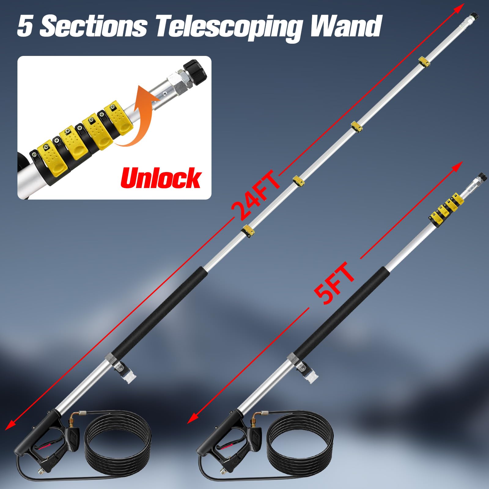 Lanza telescópica de alta presión – 7,3 m varilla telescópica para hidrolimpiadora, con 3 extensiones, 5 boquillas, 2 acoplamientos y correa de transporte (4000 psi)
