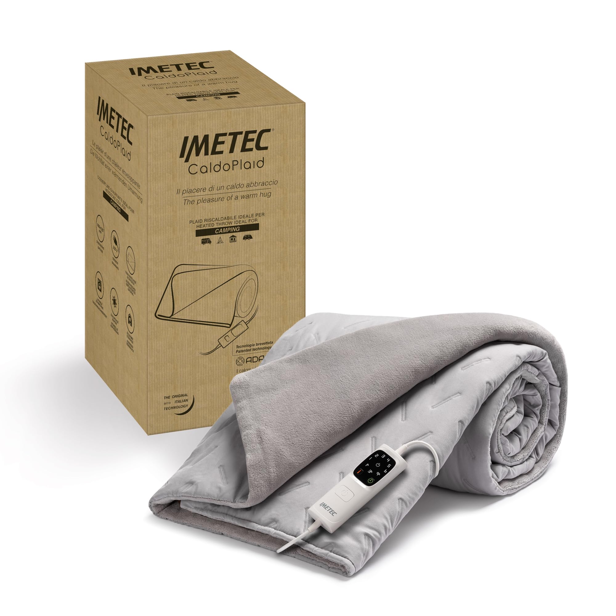 Imetec CaldoPlaid Adapto Camping, Coperta Elettrica ottima per camper, roulotte, tenda, 160x120 cm, Basso Consumo, Tecnologia Adapto, Sicura, Rapido Riscaldamento, 6 Temperature, Lavabile Grigio Microplush Camping