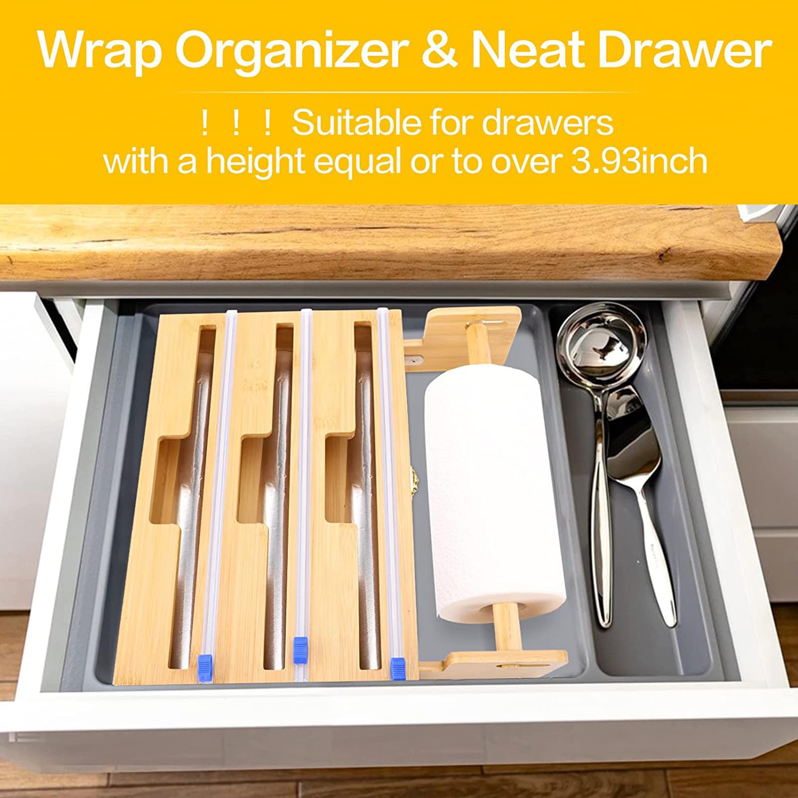 Dispensador de papel de plástico con cortador, organizador 4 en 1 para papel de aluminio, papel y toalla de papel, almacenamiento de bambú para rollos de 12 pulgadas