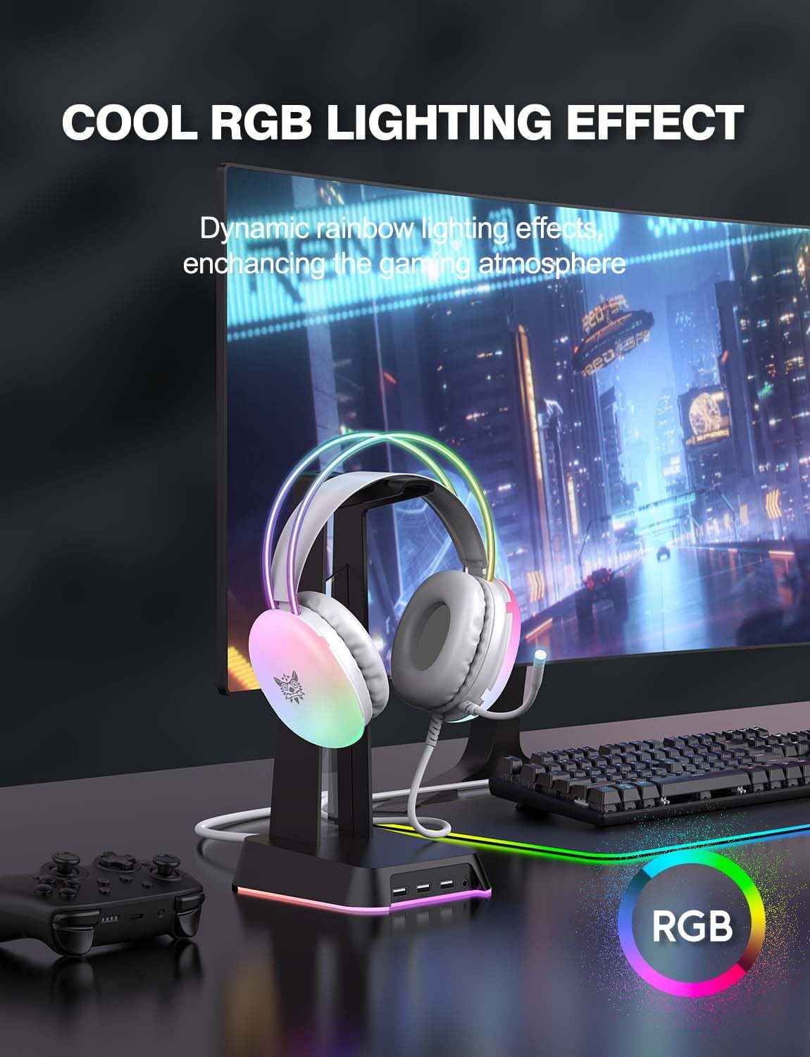 PC Gaming Headset with Microphone, Wired RGB Rainbow Gaming Headphones for PS4/PS5/MAC/XBOX/Laptop, 3.5mm Audio Over Ear Headphone with Lightweight, Stereo Surround, Auto-Adjust Headband, 50mm Drivers