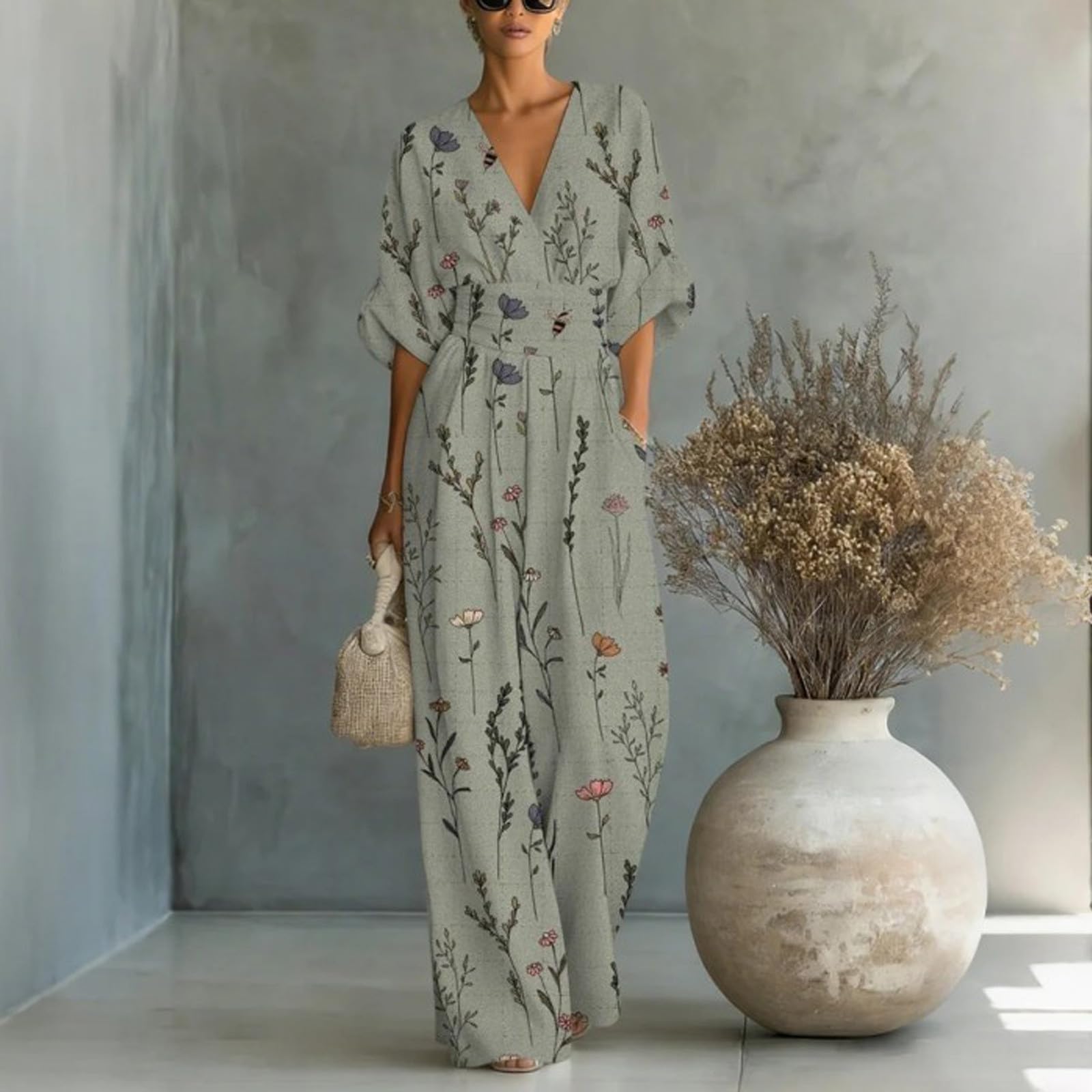 Generisch Jumpsuit Damen Kurzarm Weites Bein Jumpsuit - Locker Elegant V-Ausschnitt Hosenanzug Weites Bein Playsuit Lang Romper Mit Taschen Leicht Atmungsaktiv Summer Overalls Festliches Outfit