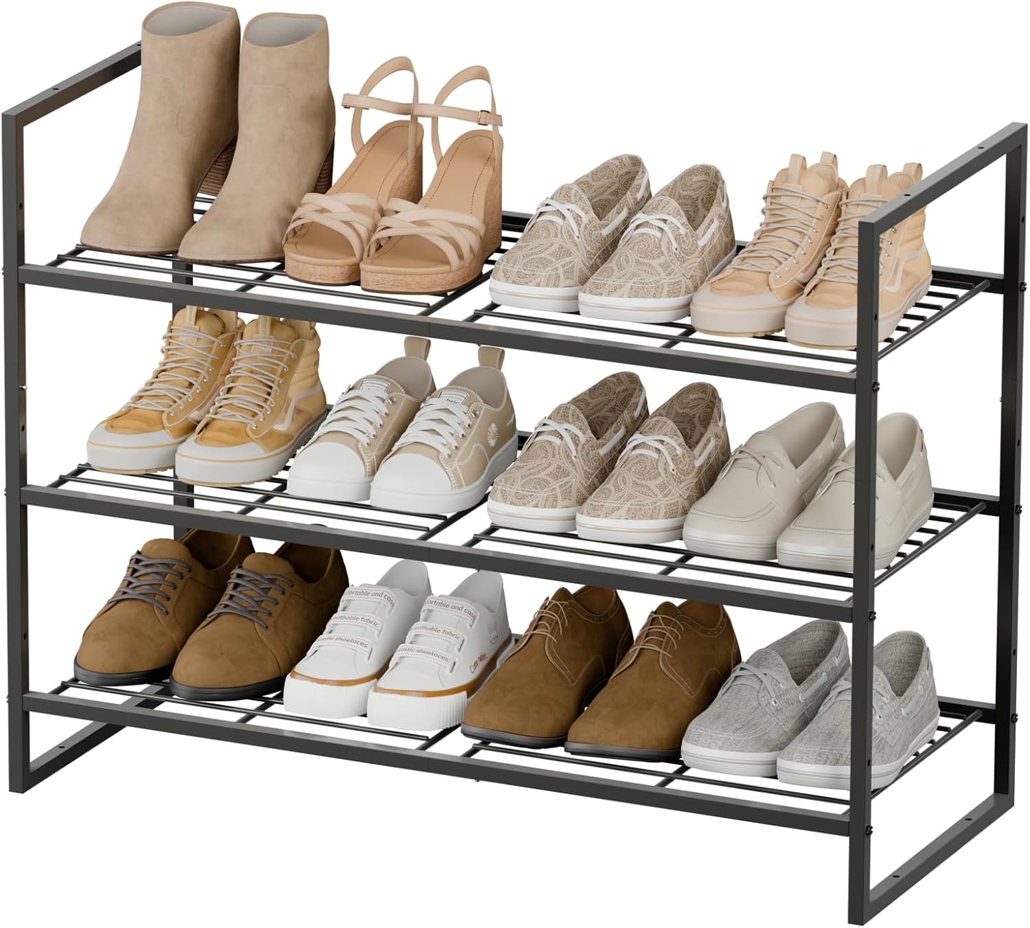 Shoe Rack 3 Tier, Closet Shoe Organizer with Sturdy Metal Frame, Stackable Shoe Shelf Stand for Entryway, Black