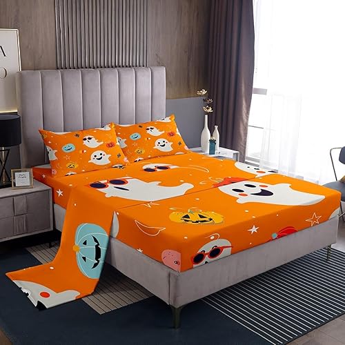 Erosebridal Juego de sábanas de Halloween con diseño de fantasmas de dibujos animados, decoraciones de calabaza de Halloween, juego de sábanas con