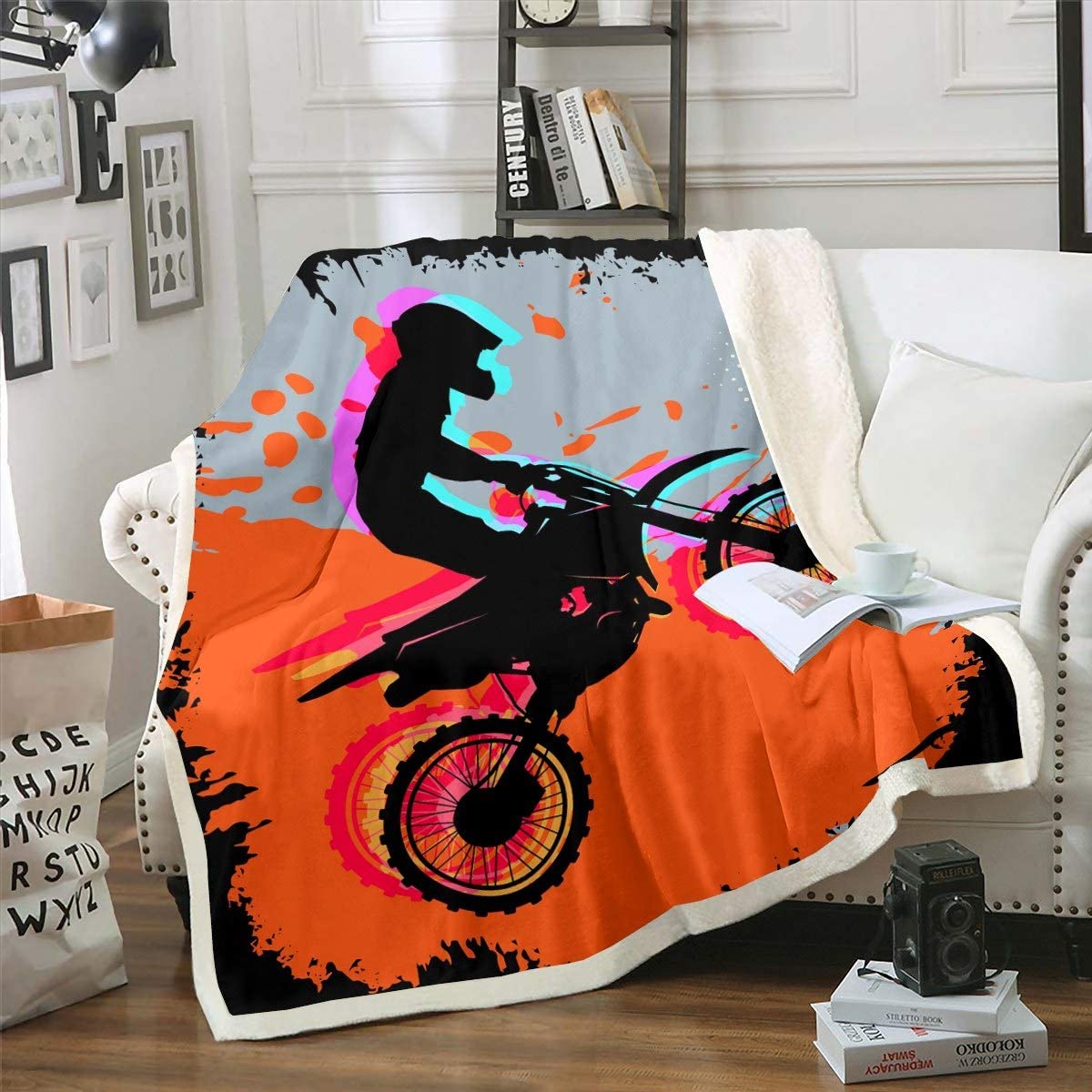Motocross Racer Dirt Bike Print Sherpa Throw Blanket, Watercolor Extreme Sports Plush Fuzzy Blanket for Sofa Bed Couch