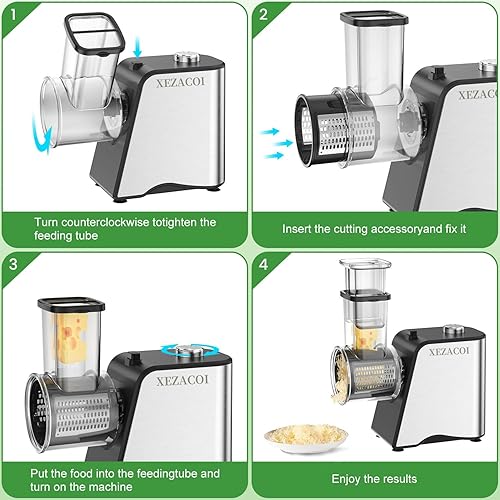 Miniatura 5 de Rallador eléctrico de queso, triturador automático de 250 W, cortador de ensalada con 5 cuchillas para quesos de bloque, ensaladas, verduras, papas,