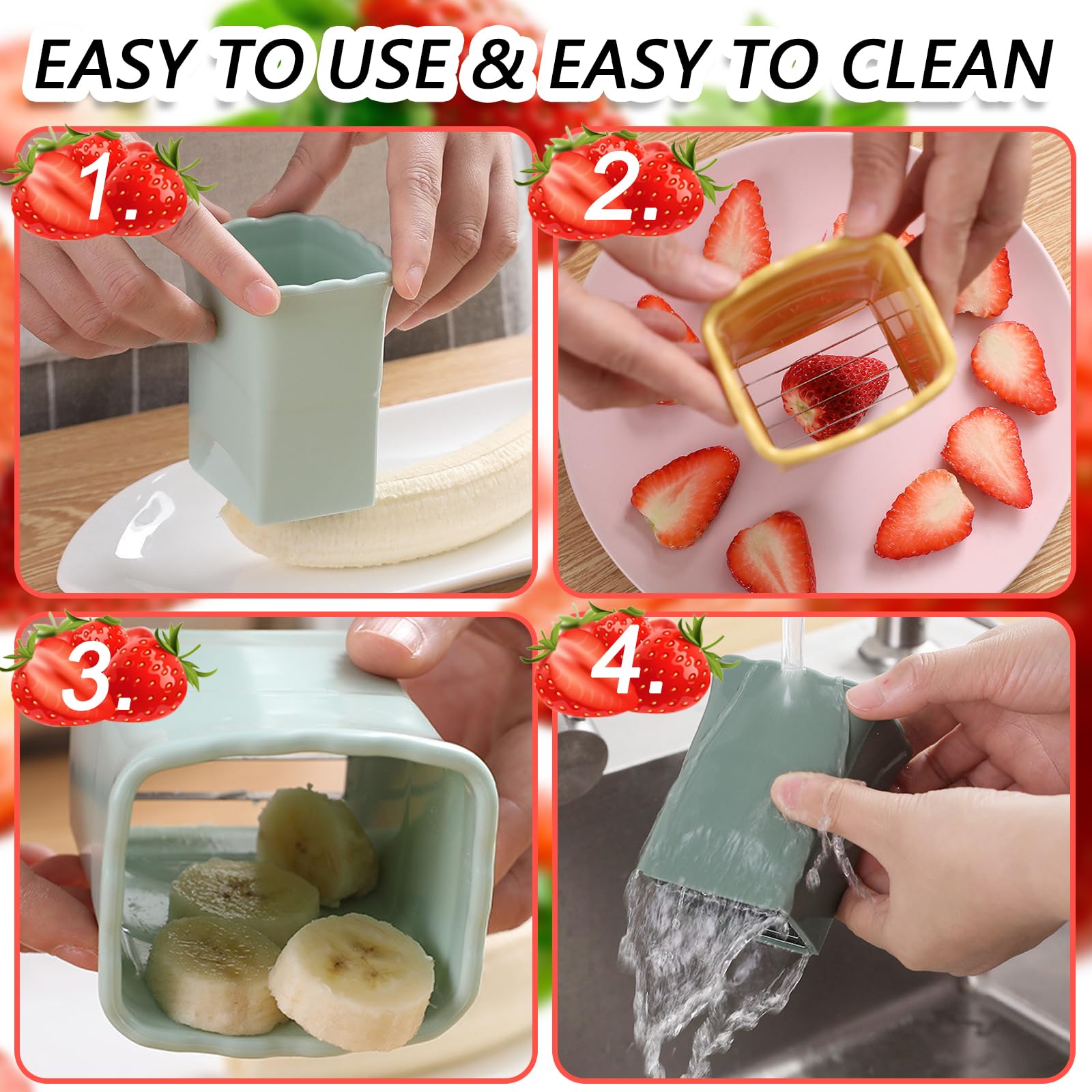 TULOBI 2-पैक फ्रूट और एग स्लाइसर कप - स्ट्रॉबेरी और केले के लिए स्टेनलेस स्टील किचन गैजेट (नीला और पीला)