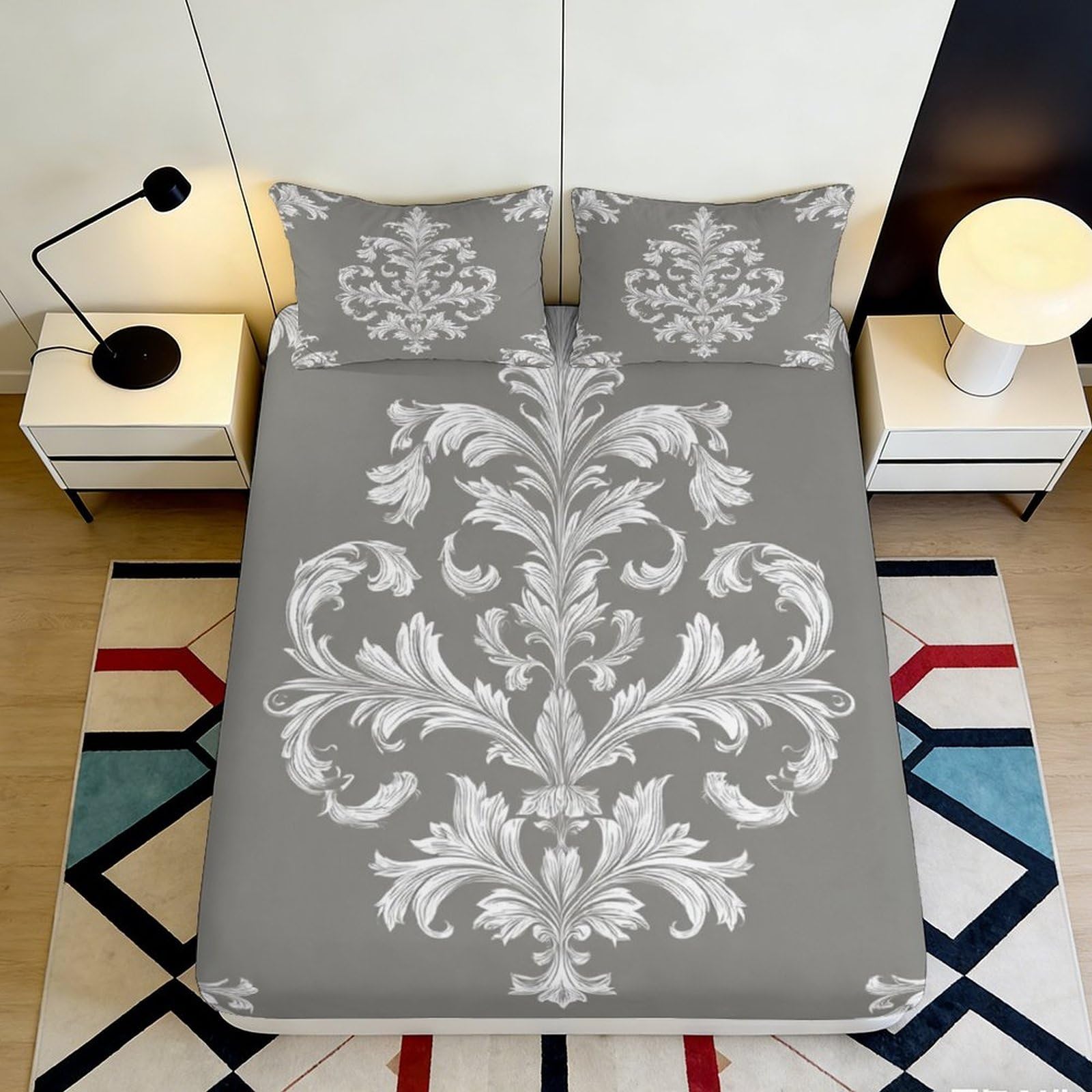 3D Printed Baroque Grey Fitted Sheet Microfiber Soft Ornate Floral Mattress Cover for Bedroom Guest Room Decor 90x200x25cm
