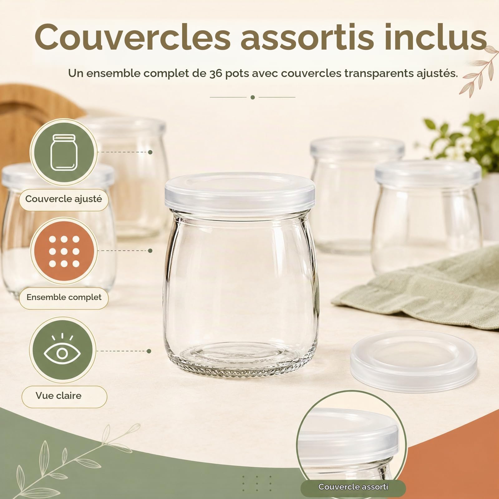 JMIATRY 36 PCS 150 ML Pot de Yaourt en Verre avec Couvercle pour Yaourt Maison, Desserts, Overnight Oats
