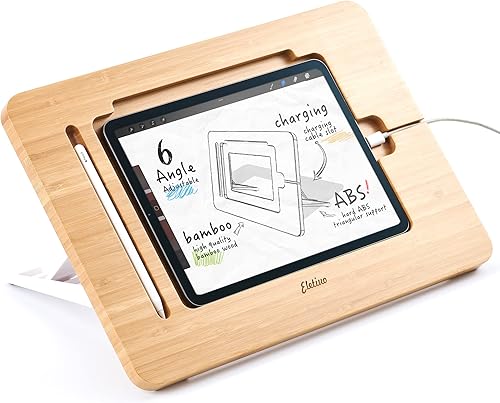 ELETIUO Soporte ajustable para tablet con ranura para lápiz y cable de cargador, soporte de madera de bambú con múltiples ángulos, organizador de