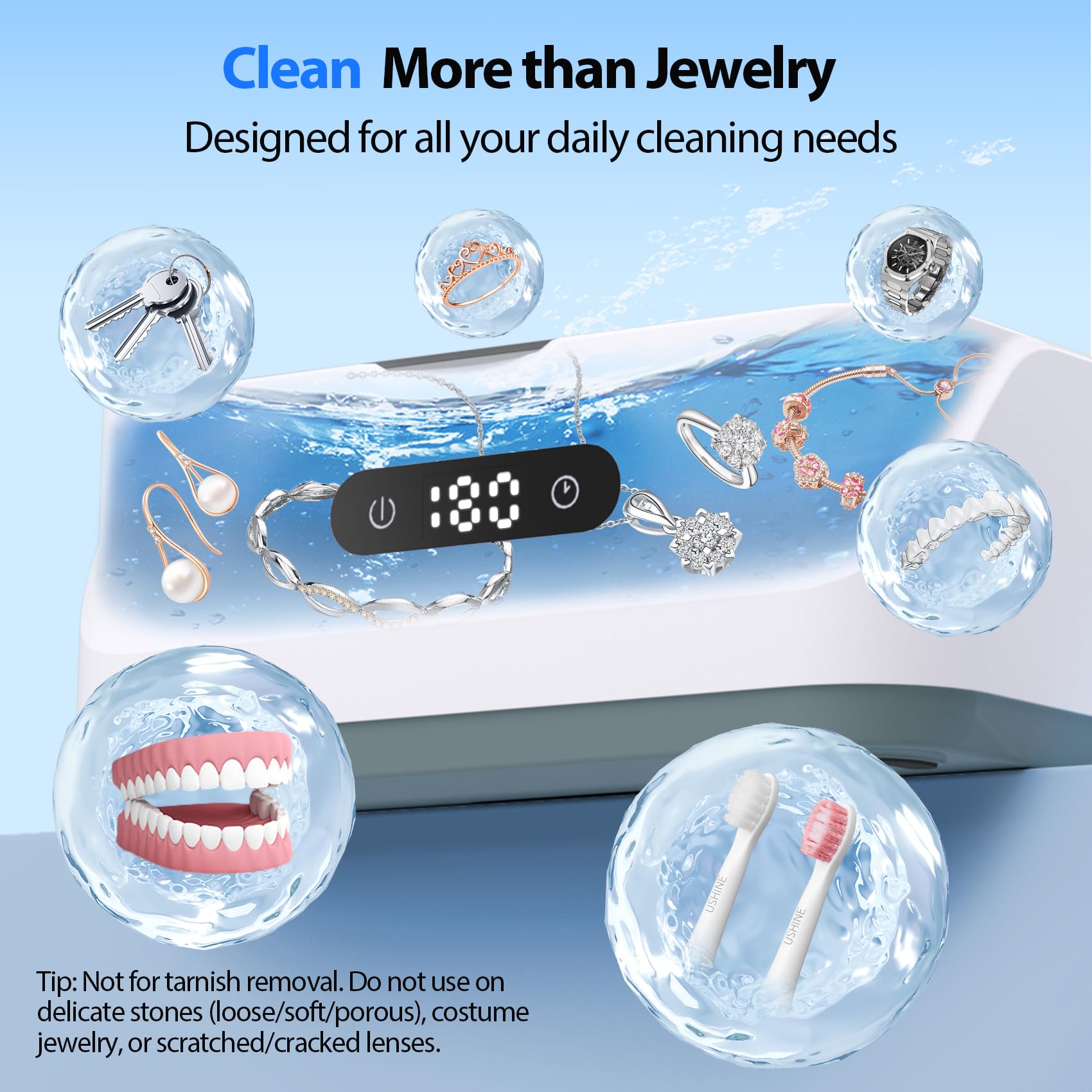 Limpiador ultrasónico de joyas: máquina ultrasónica de 48 Khz con temporizador digital, 4 modos de limpieza, limpiador sónico de 24 W para joyas, gafas, retenedor, correa de reloj, uso