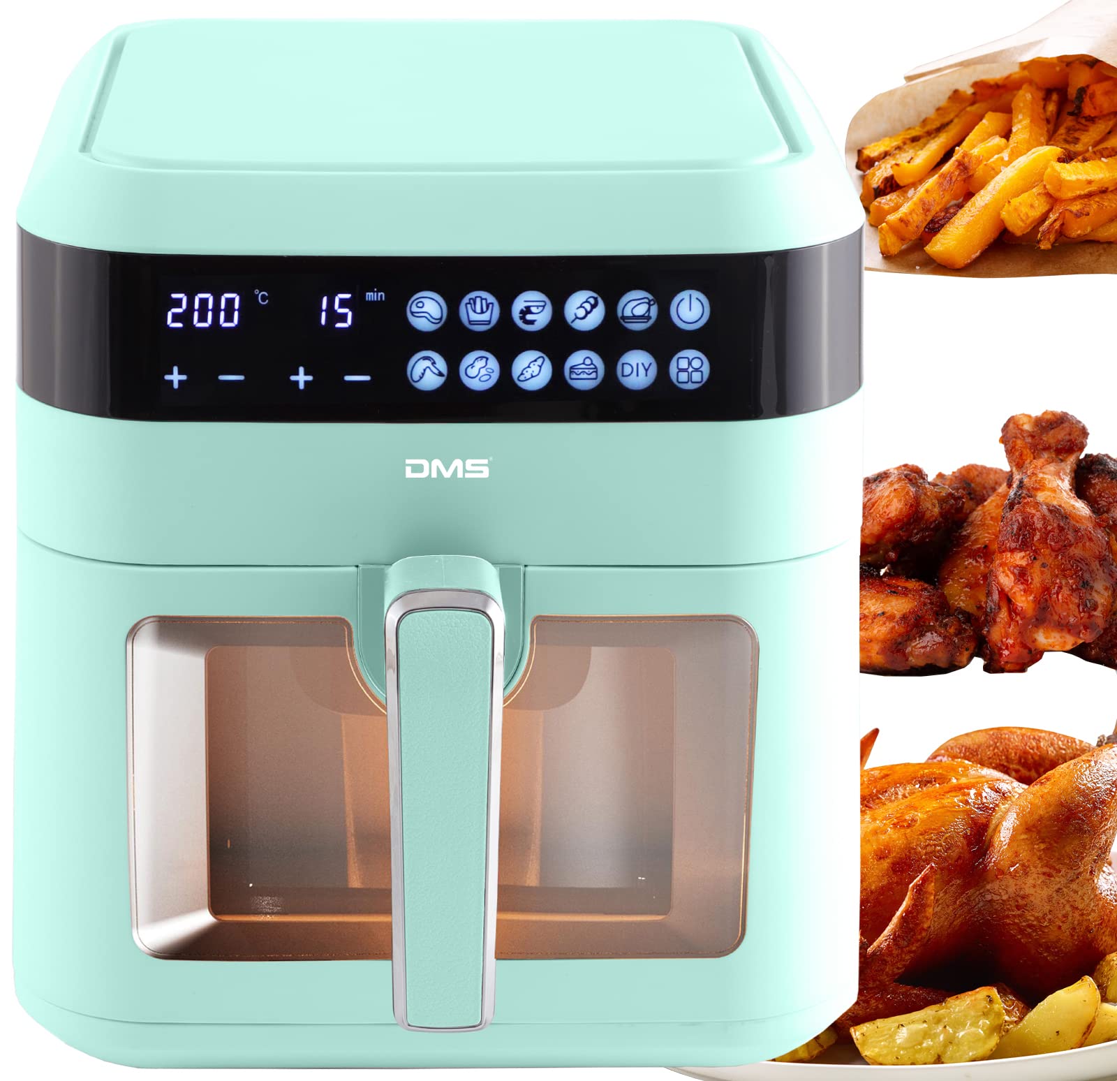 DMS XXXL 7 Liter Heißluftfritteuse | fritteuse | Backofen | Heißluftgrill | Cooker | fettfrei und ohne Öl | inklusive 10 Programmen und digitalem Touch Display | Timer | HFG-7 (Green)