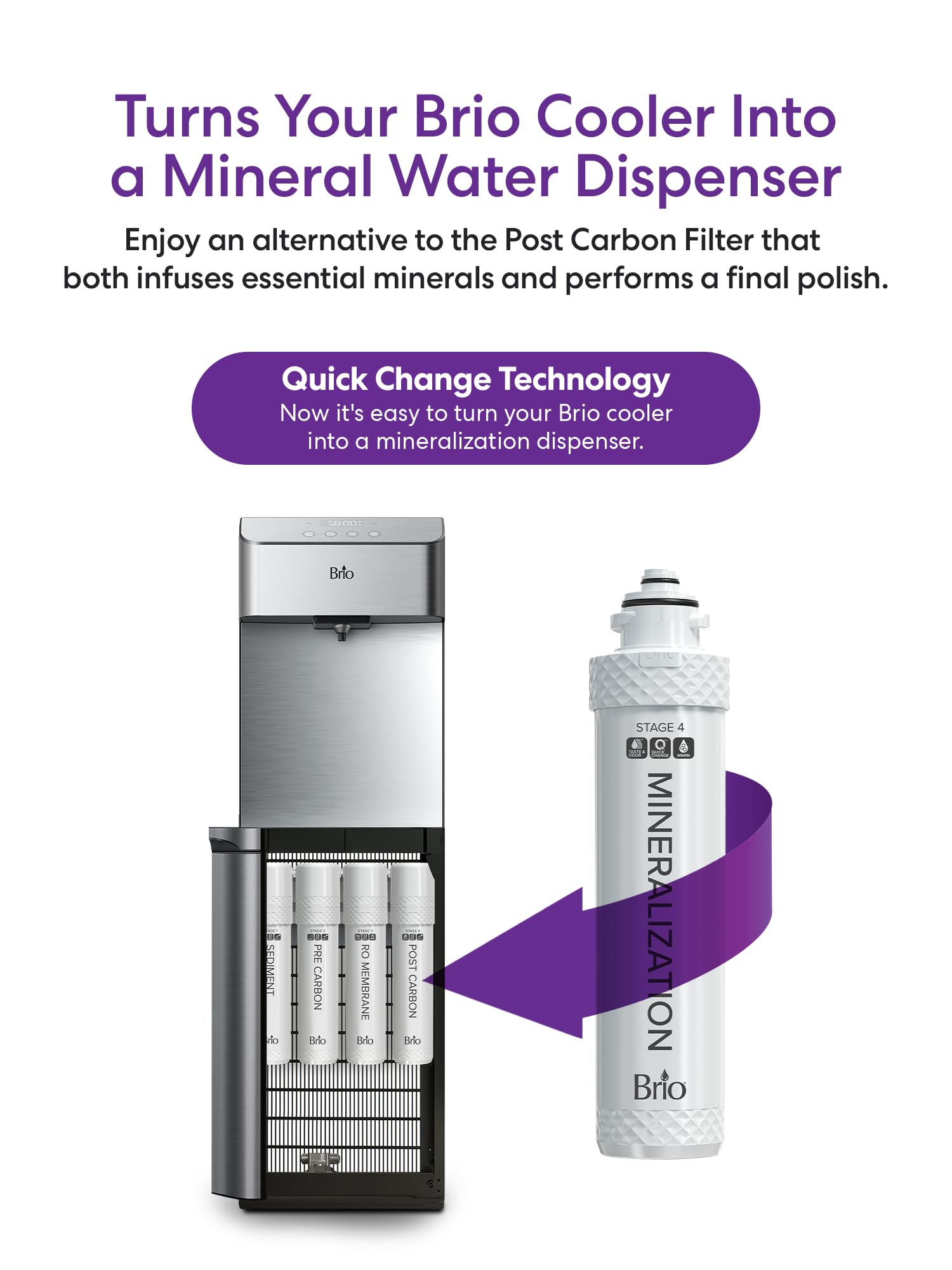 Brio Filtro de mineralización de etapa 4, restaura los minerales esenciales al agua purificada por RO, alternativa mineralizante Brio un filtro de carbono de etapa 4
