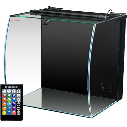 Aquatop 13.5 Gallon Bow Front Glass Aquarium Kit with Filter and LED Lighting - All in One Desktop Fish Tank, Ideal for Freshwater and Saltwater, BFK-13