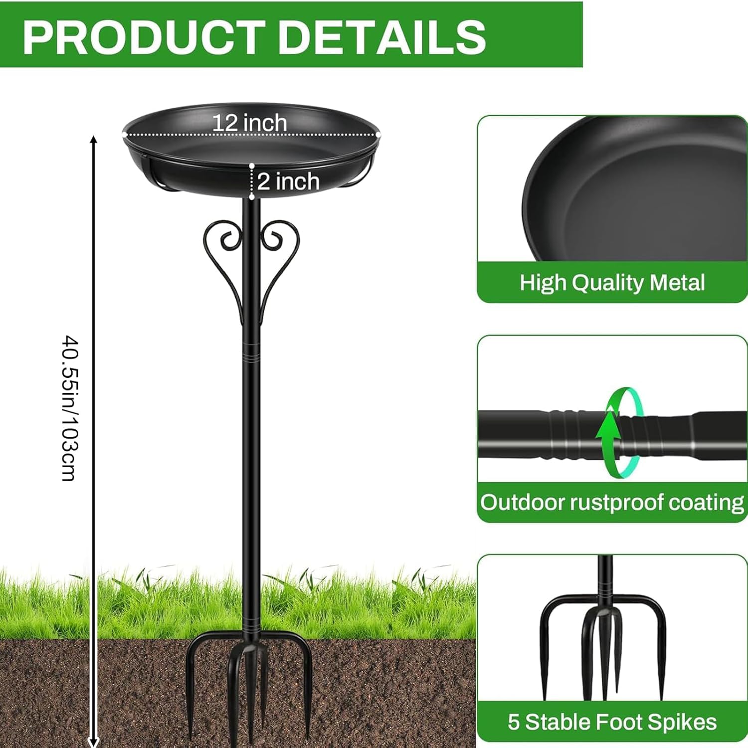 Abbeveratoio per Uccelli in Metallo con Supporto,Nero | Base migliorata a 5 bracci, vaschetta rimovibile da 12 pollici, facile da pulire,esterni giardino,terrazza,cortile e prato