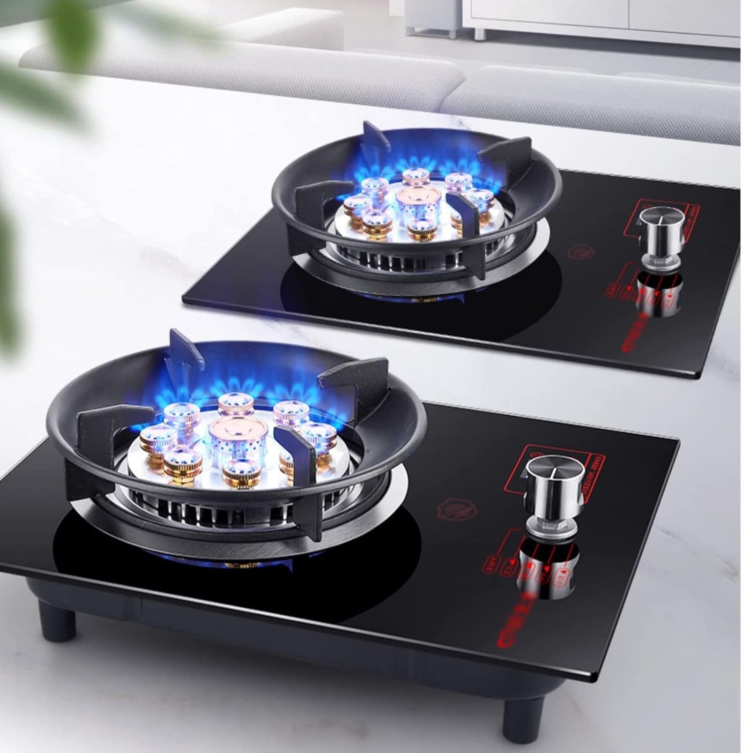 Gas Stove Cooktop, Tempered Glass Cooktop Burner, Desktop and Recessed Installation Suitable for Kitchen and Camping RV with Timing (Color : Black, Size : NG)