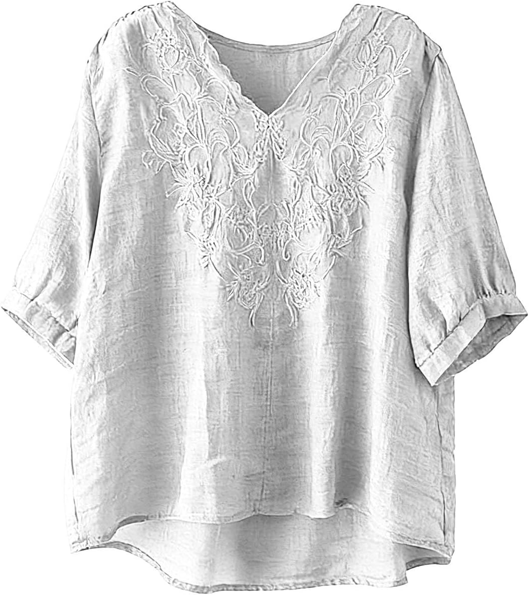 Women's Cotton Linen Button Short Sleeve Shirts Summer Loose V Neck Casual Boho Top Vintage Embroidered Blouse Tops