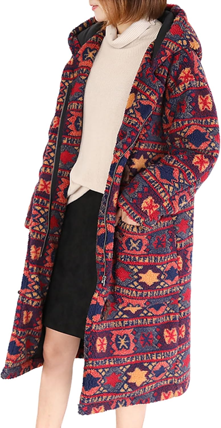 Women's Long Plush Fleece Hoodie Vintage Boho Oversized Sherpa Coat, Warm Winter Loungewear with Geometric Print